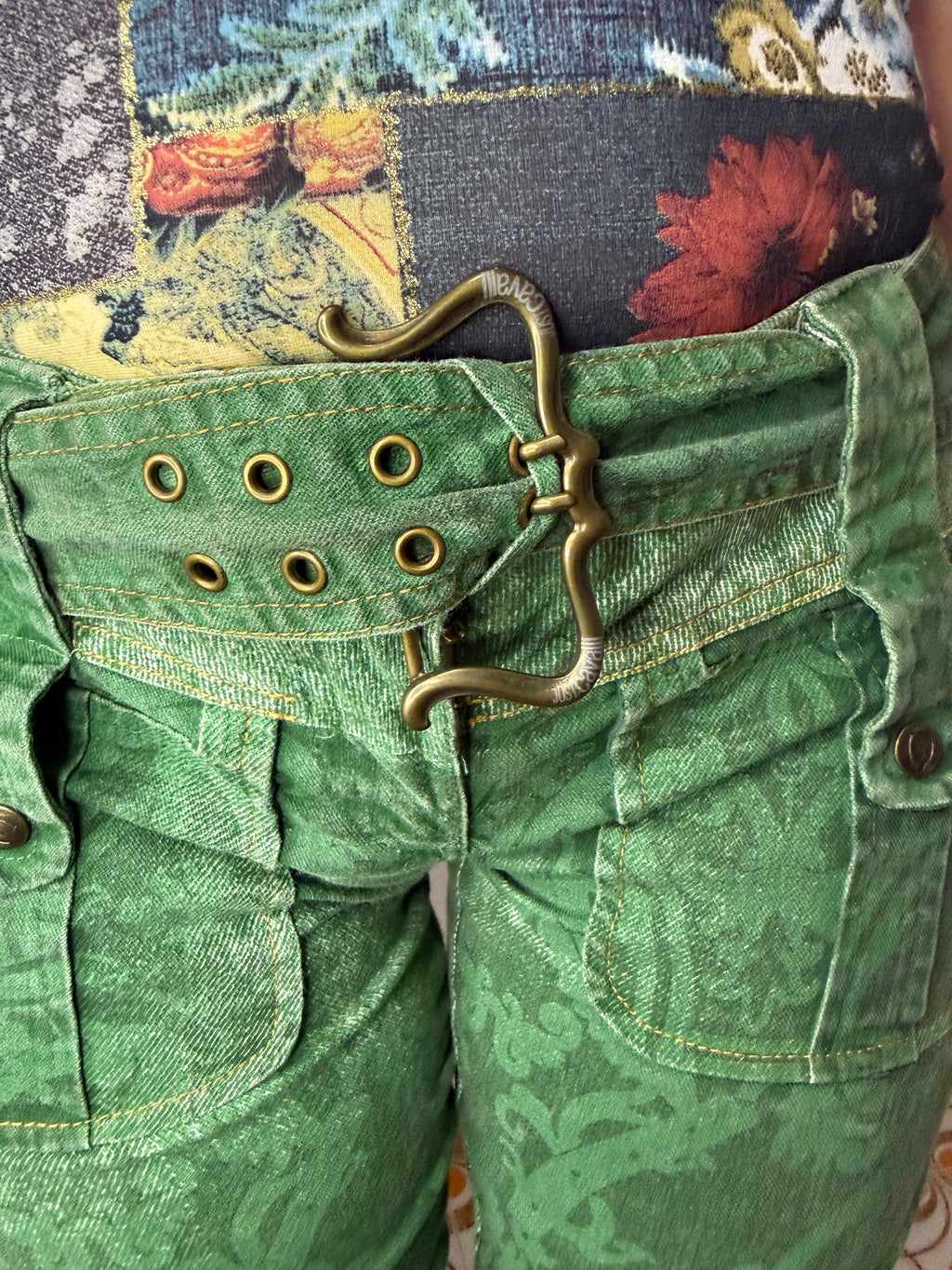Jeans verde stampa barocco Roberto Cavalli Just 2000”