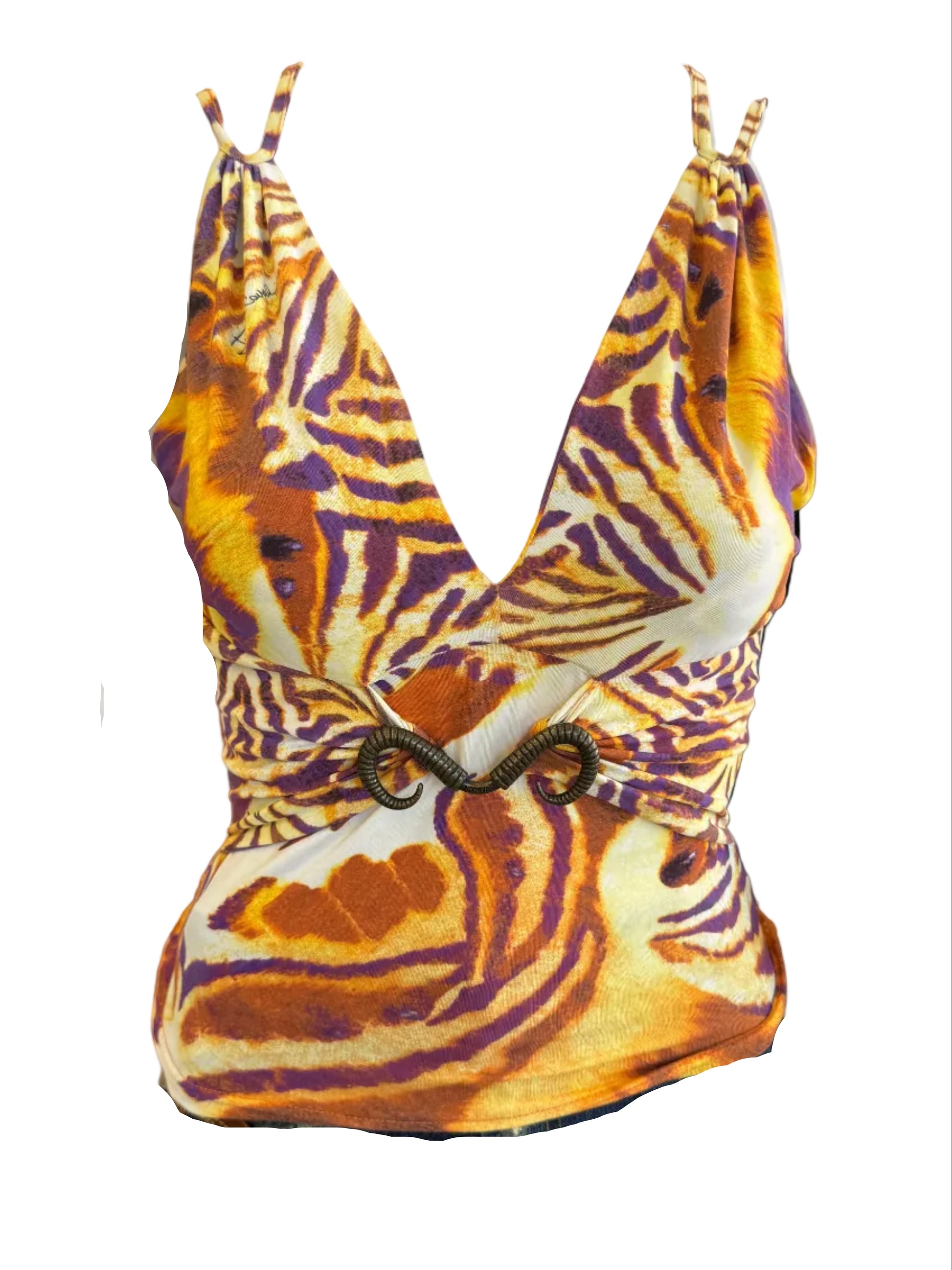 Top Roberto Cavalli tigre arancione con dettaglio corna 00s