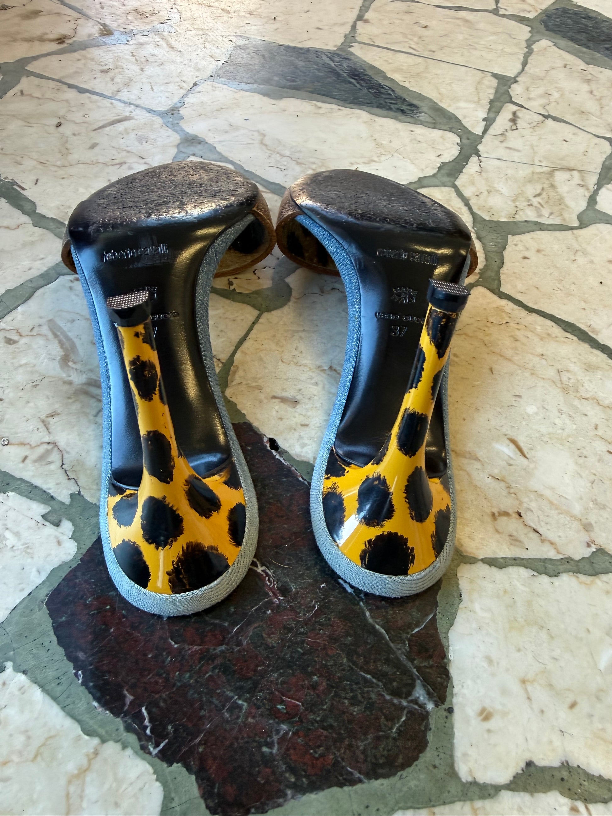 Sandali Roberto Cavalli denim pelle e leopardo 2000”
