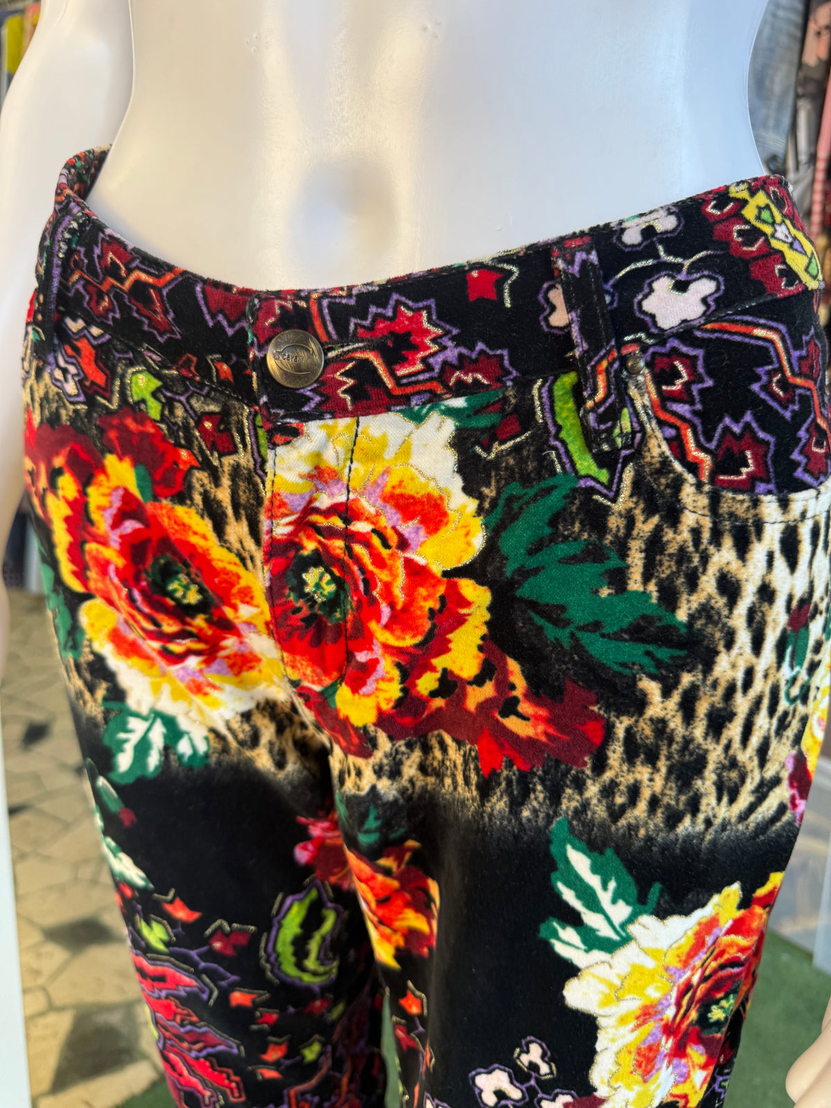 Pantalone velluto Roberto Cavalli fiori, animalier e astratto 00s