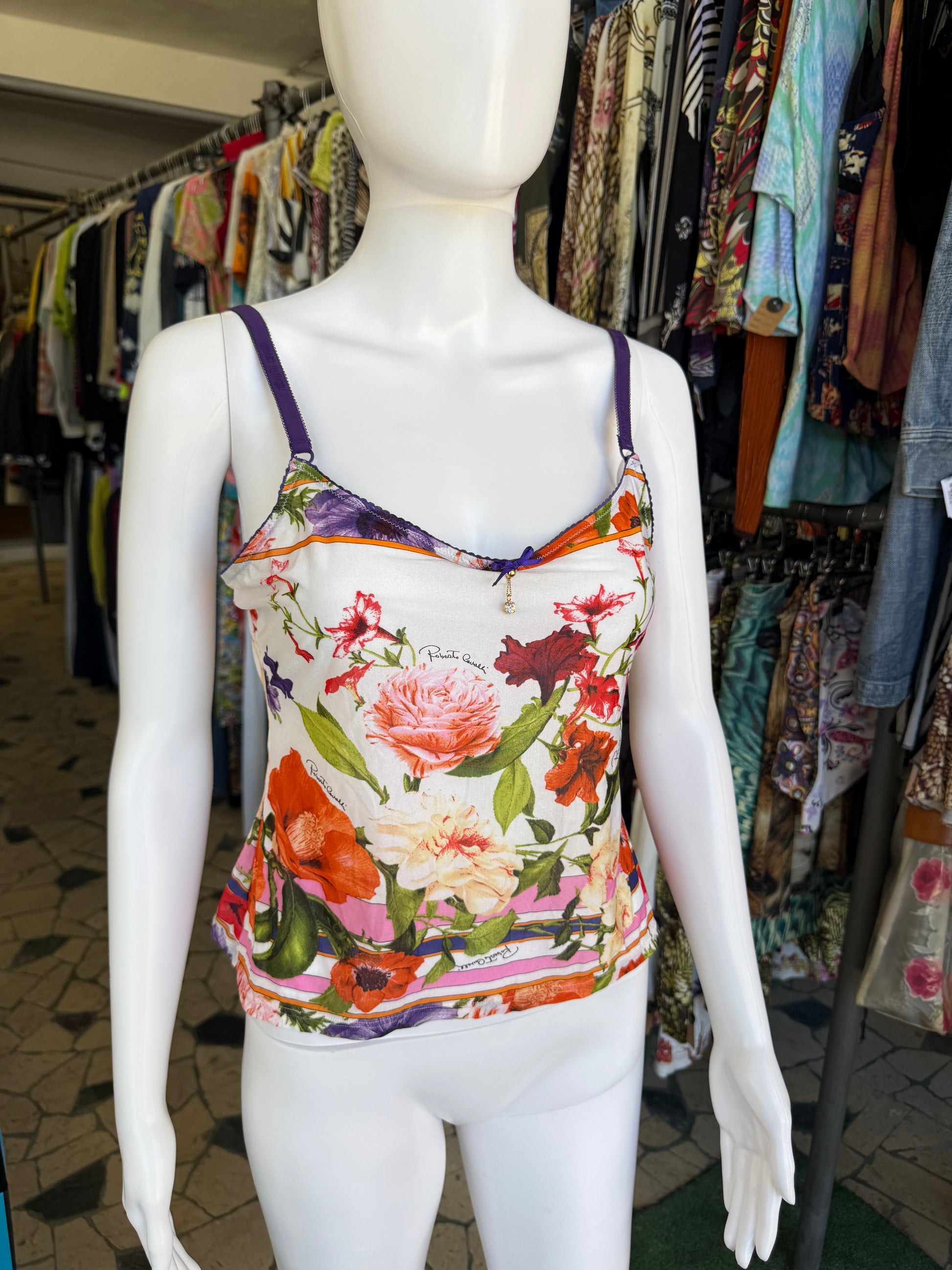 Top Roberto Cavalli SS2005 fiori e geometrie.