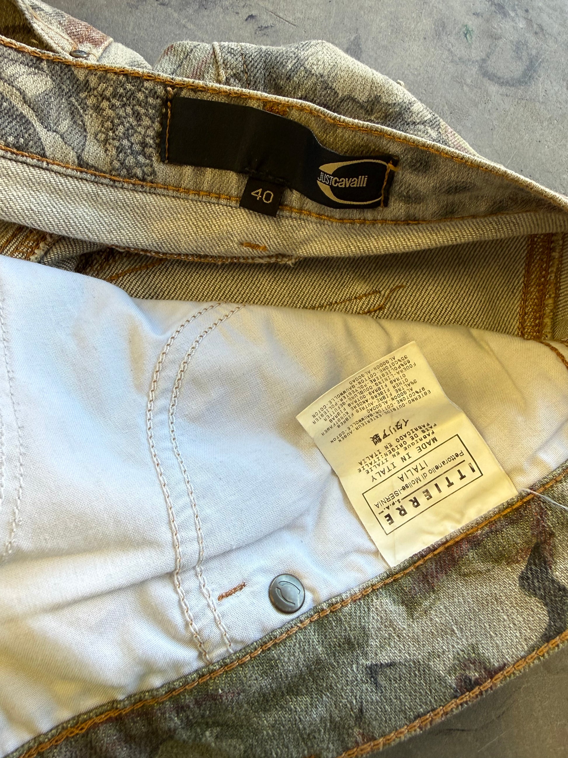 Jeans Roberto Cavalli fiori e leopardo zampa 2000s