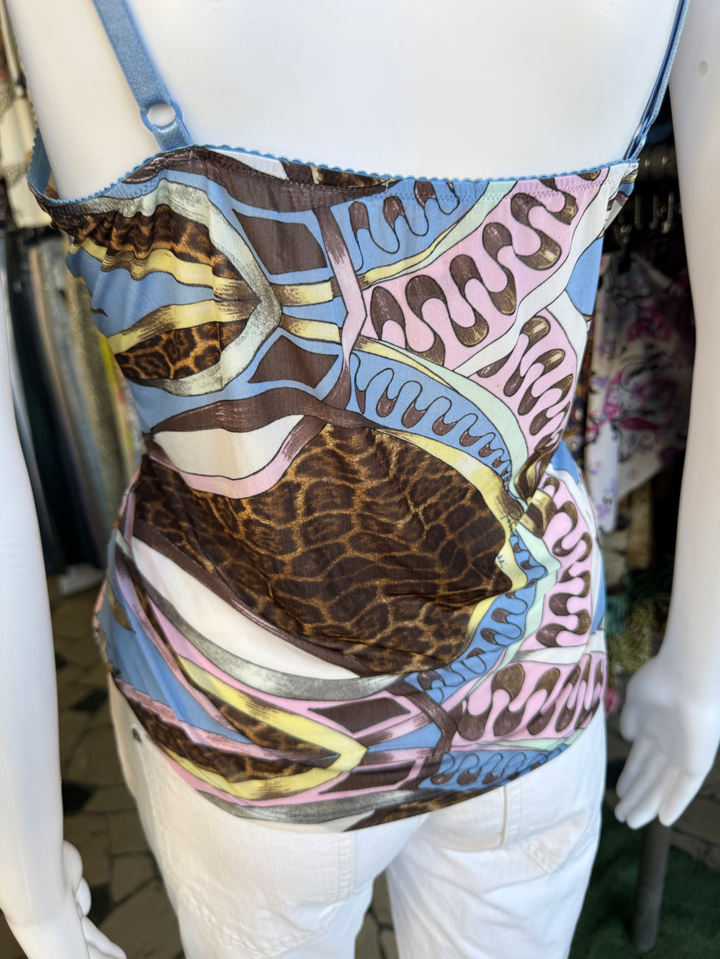 Top Roberto Cavalli SS2004 patchwork animalier azzurro