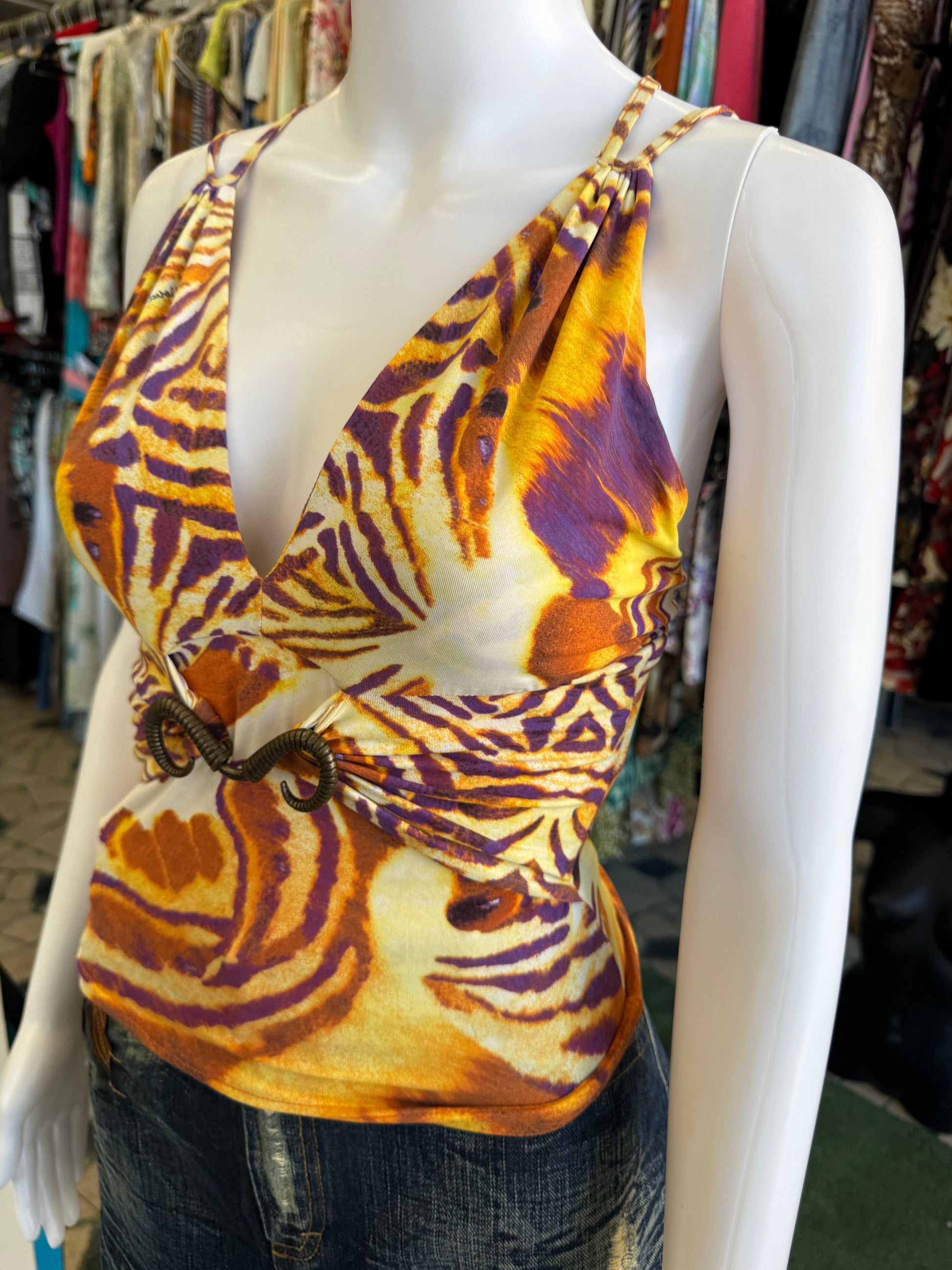 Top Roberto Cavalli tigre arancione con dettaglio corna 00s