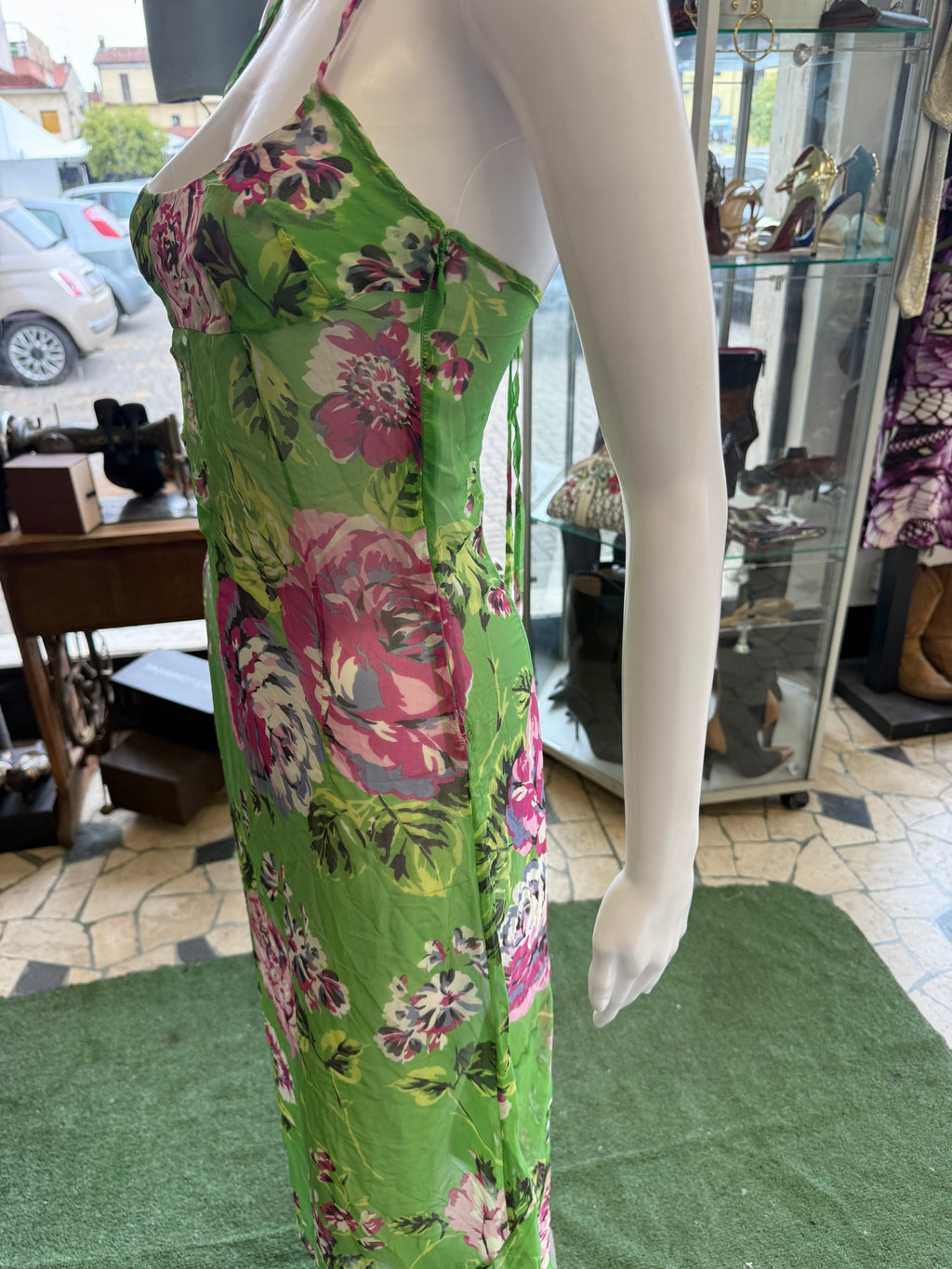 Abito Dolce & Gabbana seta stampata fiori su verde 00s