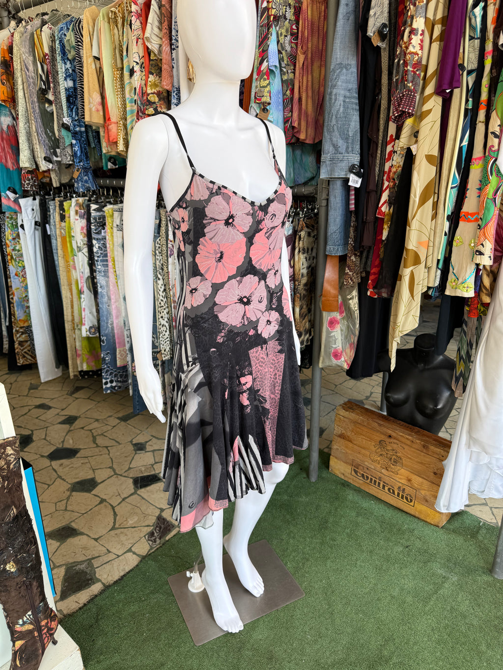 Abito Roberto Cavalli fiori e righe 2000s