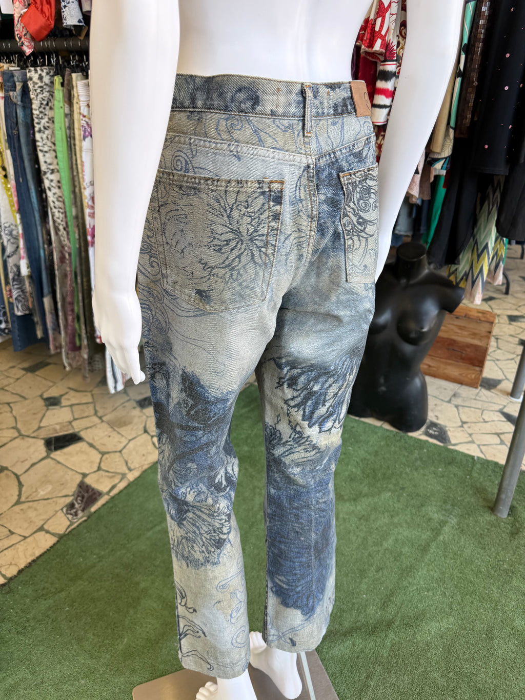 Jeans Roberto Cavalli  fiori blu sabbiati 00s