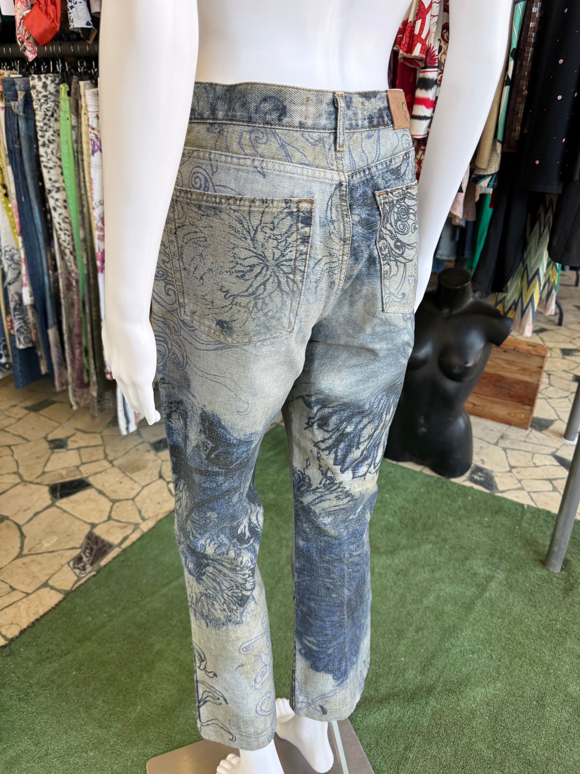 Jeans Roberto Cavalli  fiori blu sabbiati 00s
