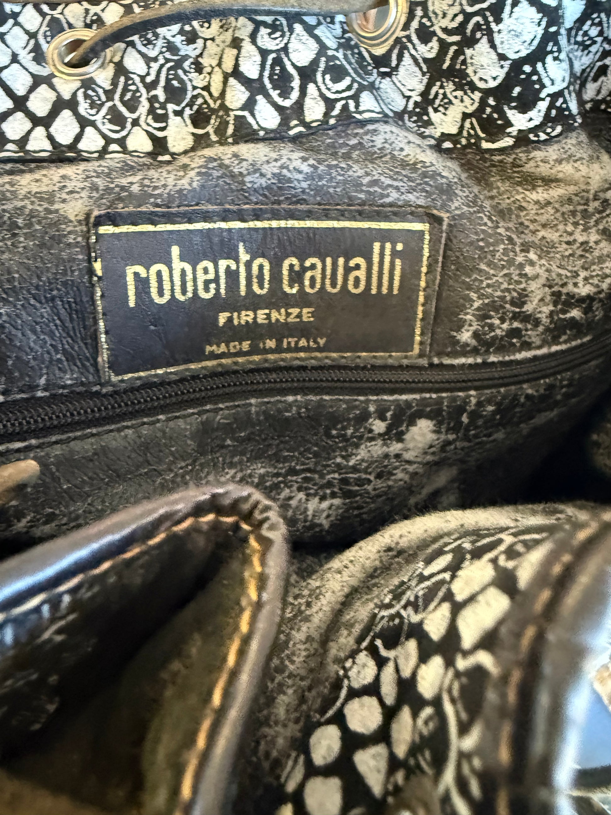 Borsa Roberto Cavalli a secchiello giaguaro e patchwork anni 80