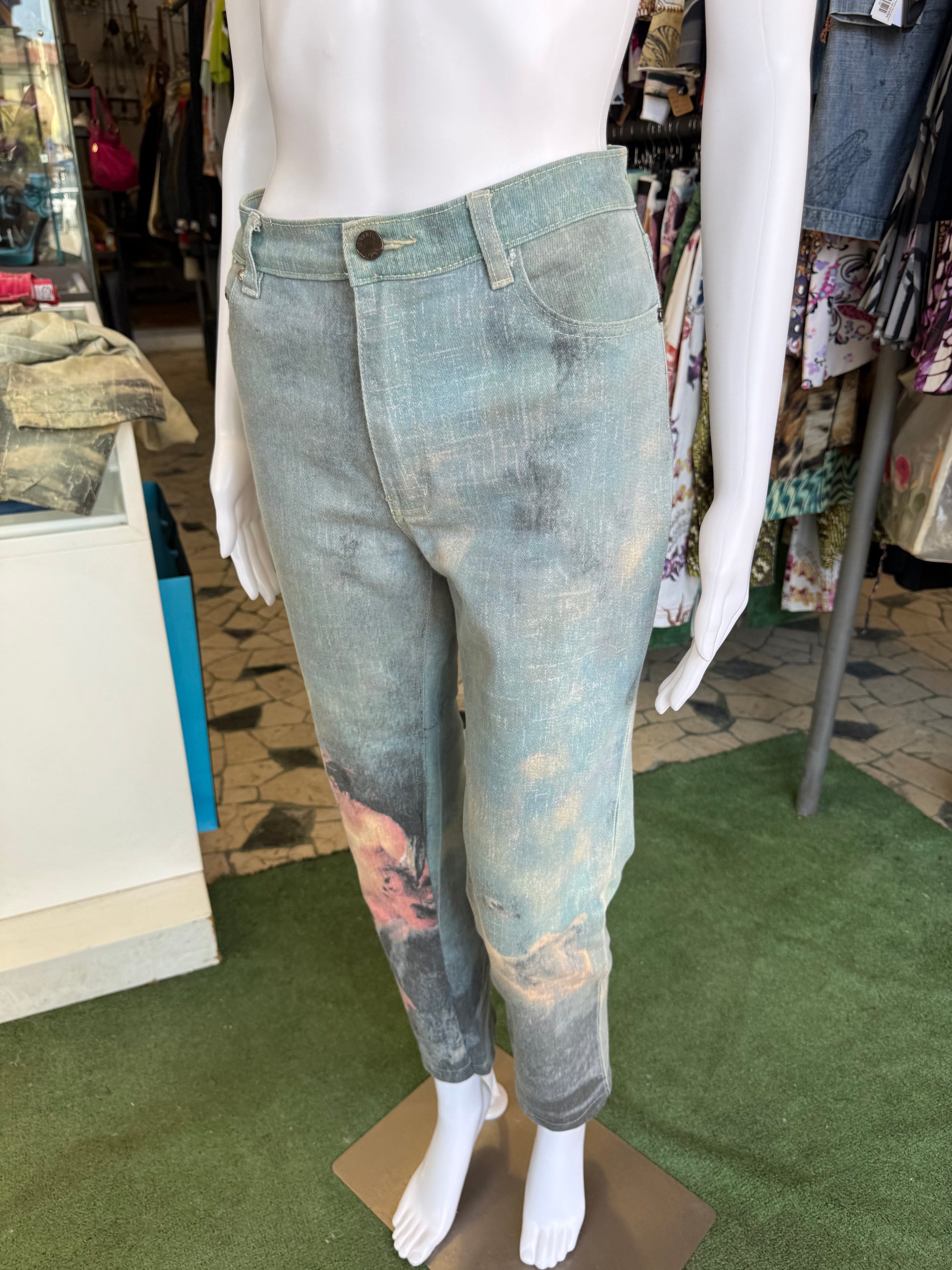 Jeans Roberto Cavalli rinascimentale quadro azzurro 90s