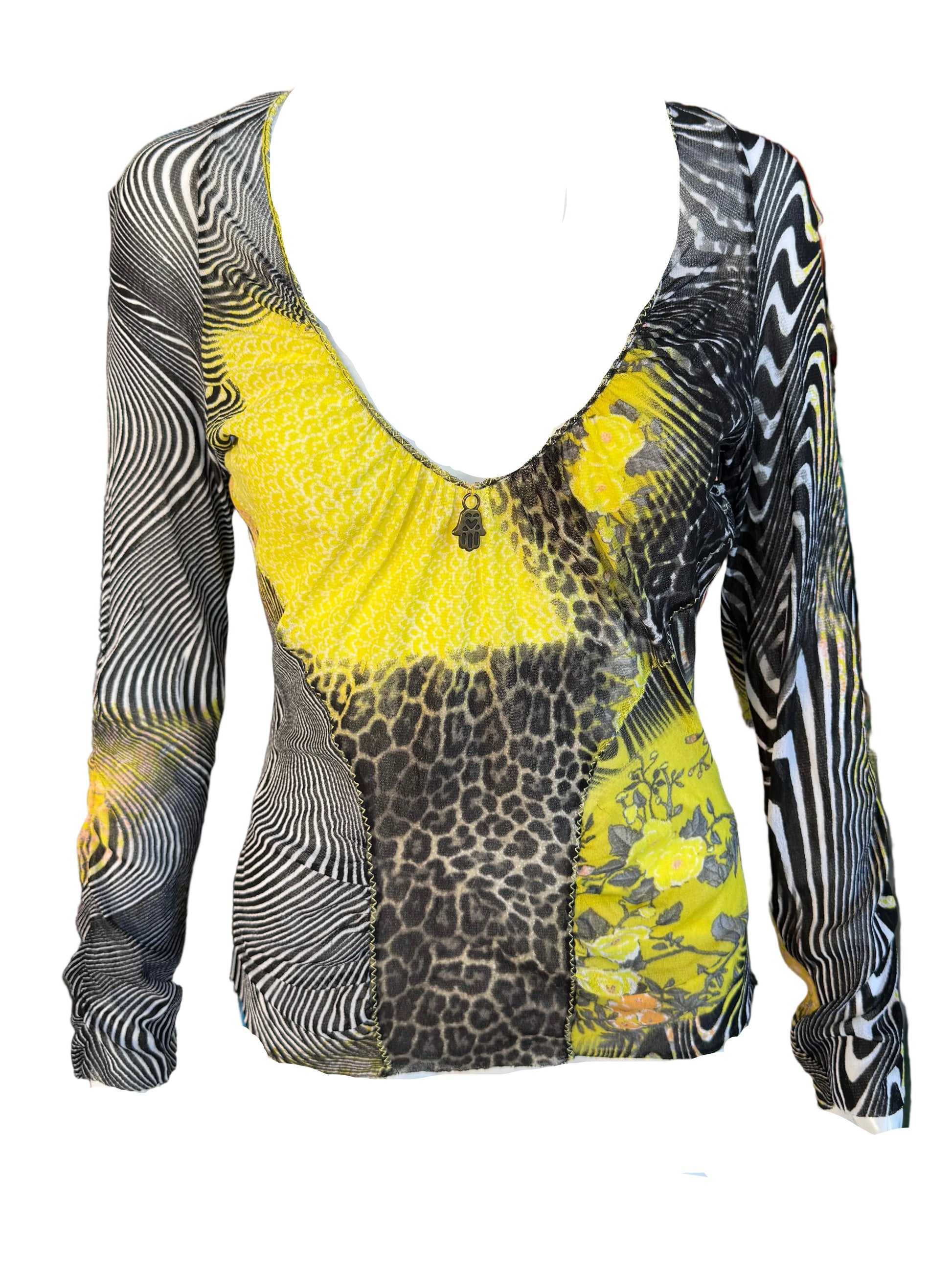 Top Roberto Cavalli Class patchwork fiori, leopardo e zebra