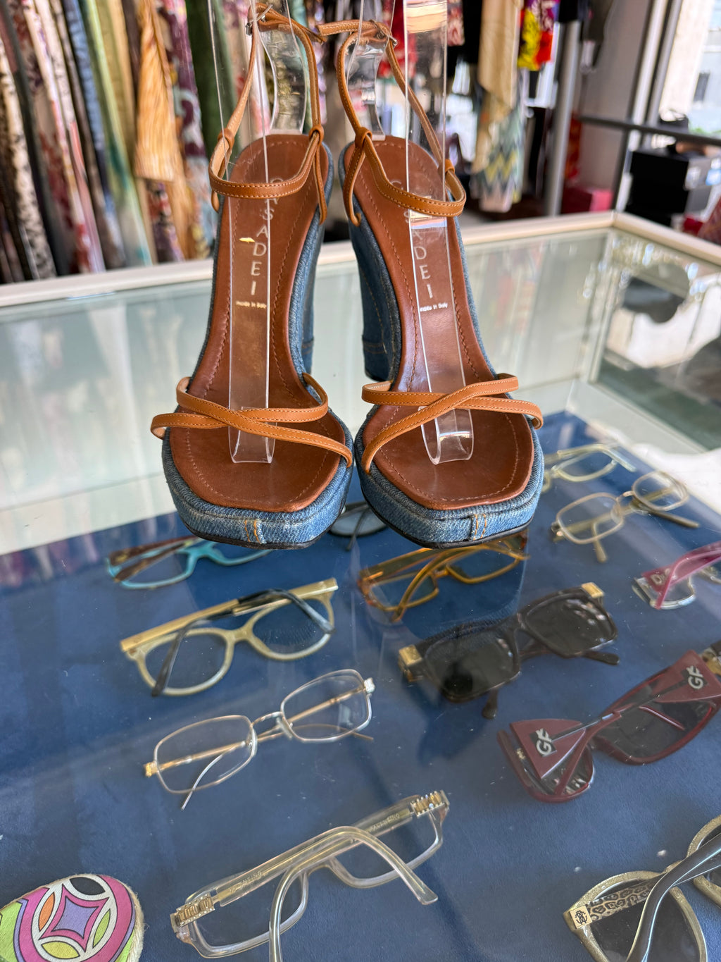 Sandali Casadei zeppa denim e pelle 00s