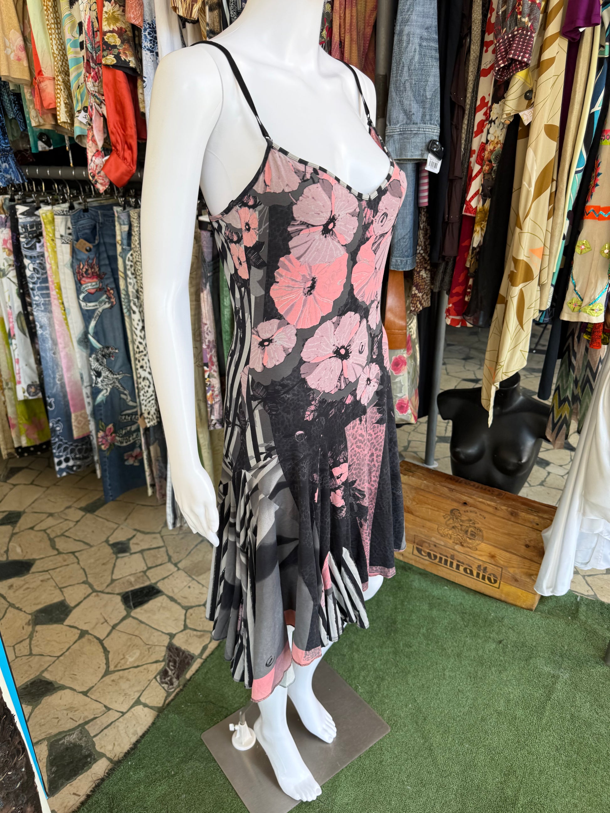Abito Roberto Cavalli fiori e righe 2000s