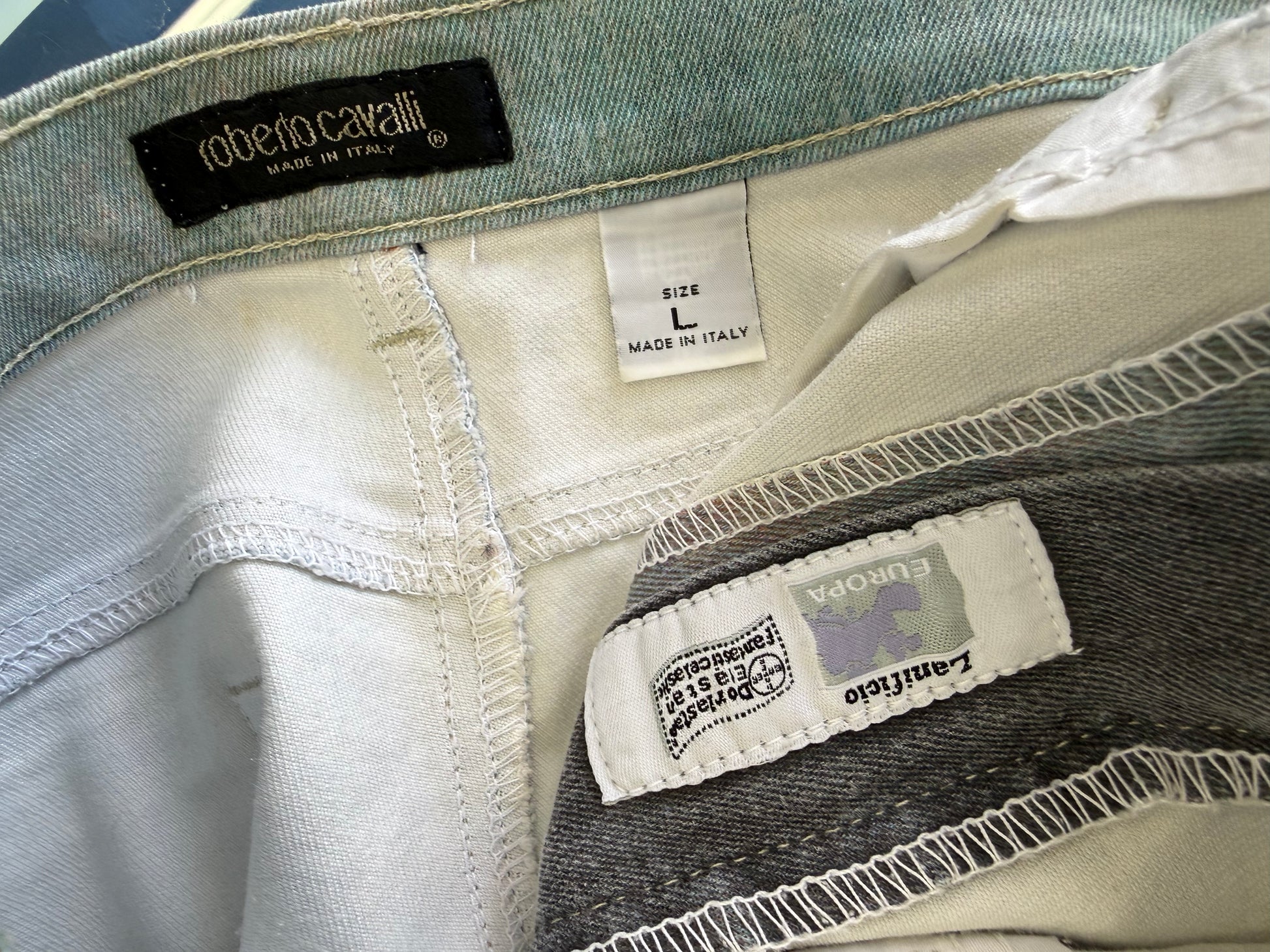 Jeans Roberto Cavalli rinascimentale quadro azzurro 90s