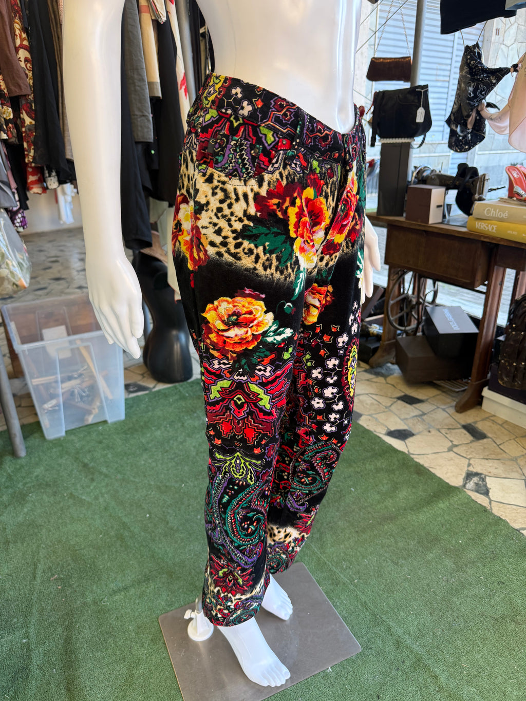 Pantalone velluto Roberto Cavalli fiori, animalier e astratto 00s