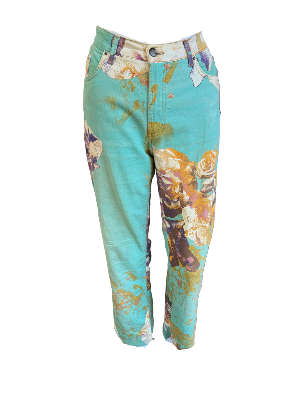 Jeans Roberto Cavalli rose e fiori su azzurro 00s