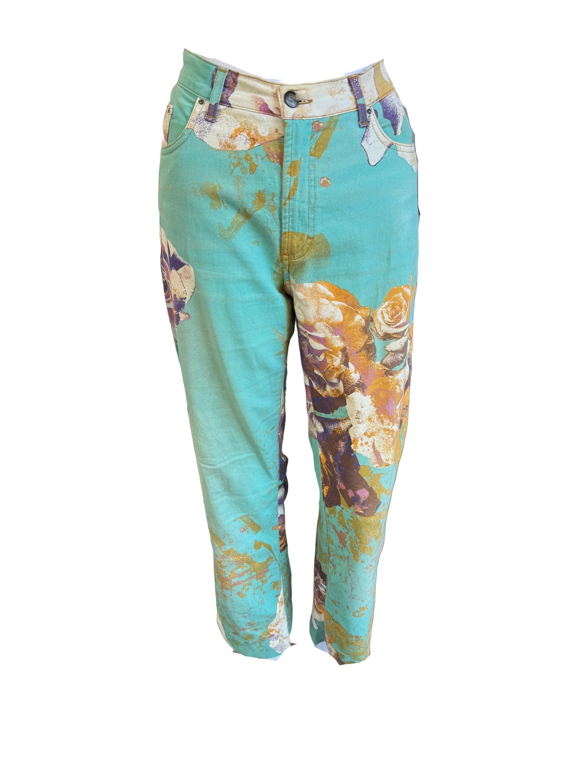 Jeans Roberto Cavalli rose e fiori su azzurro 00s