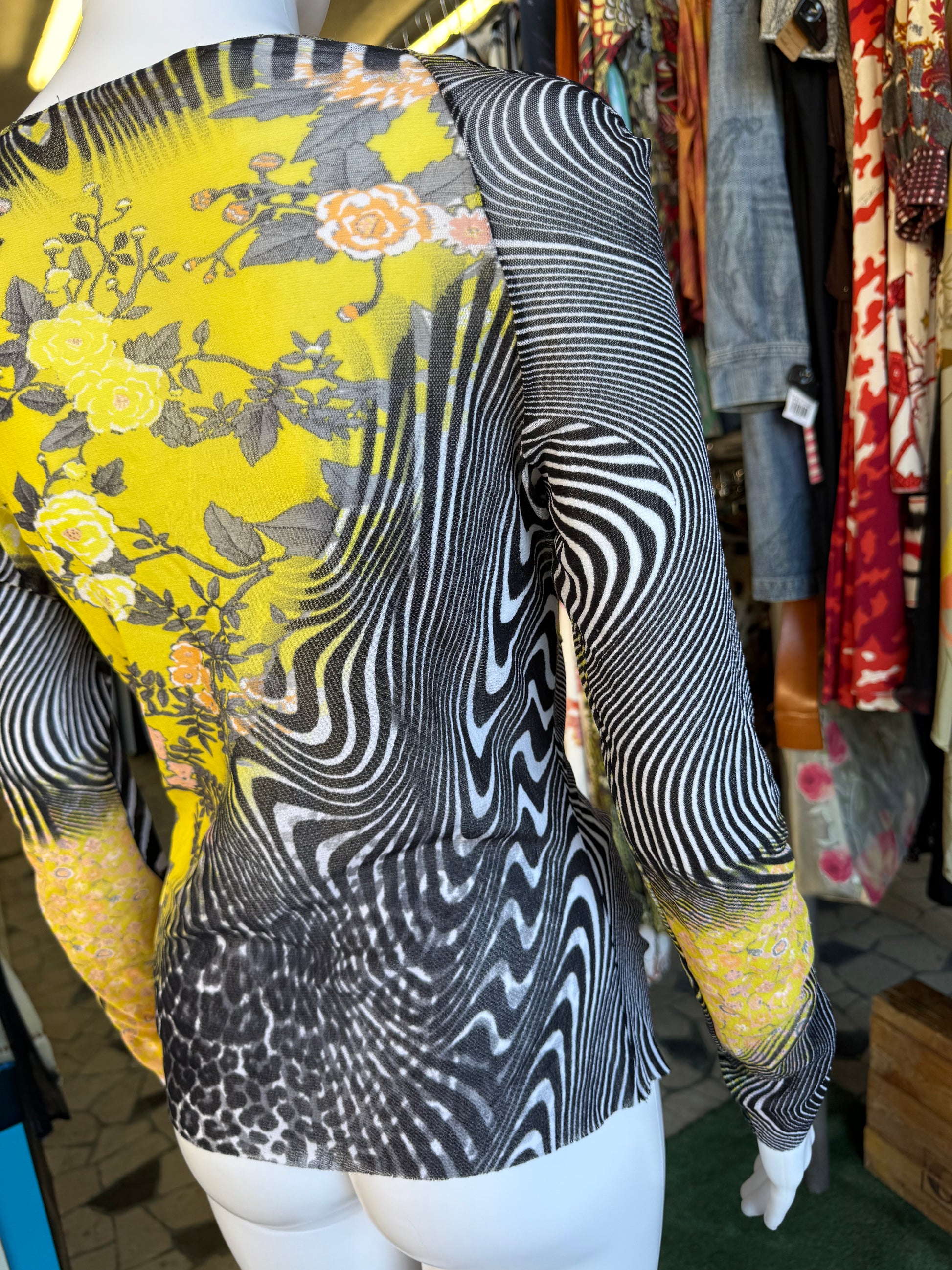 Top Roberto Cavalli Class patchwork fiori, leopardo e zebra