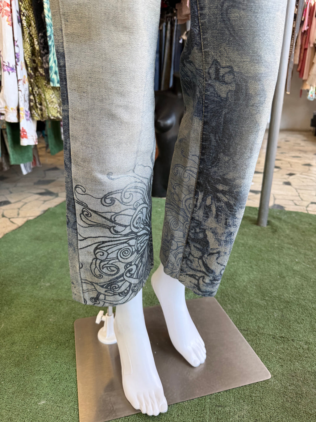 Jeans Roberto Cavalli  fiori blu sabbiati 00s