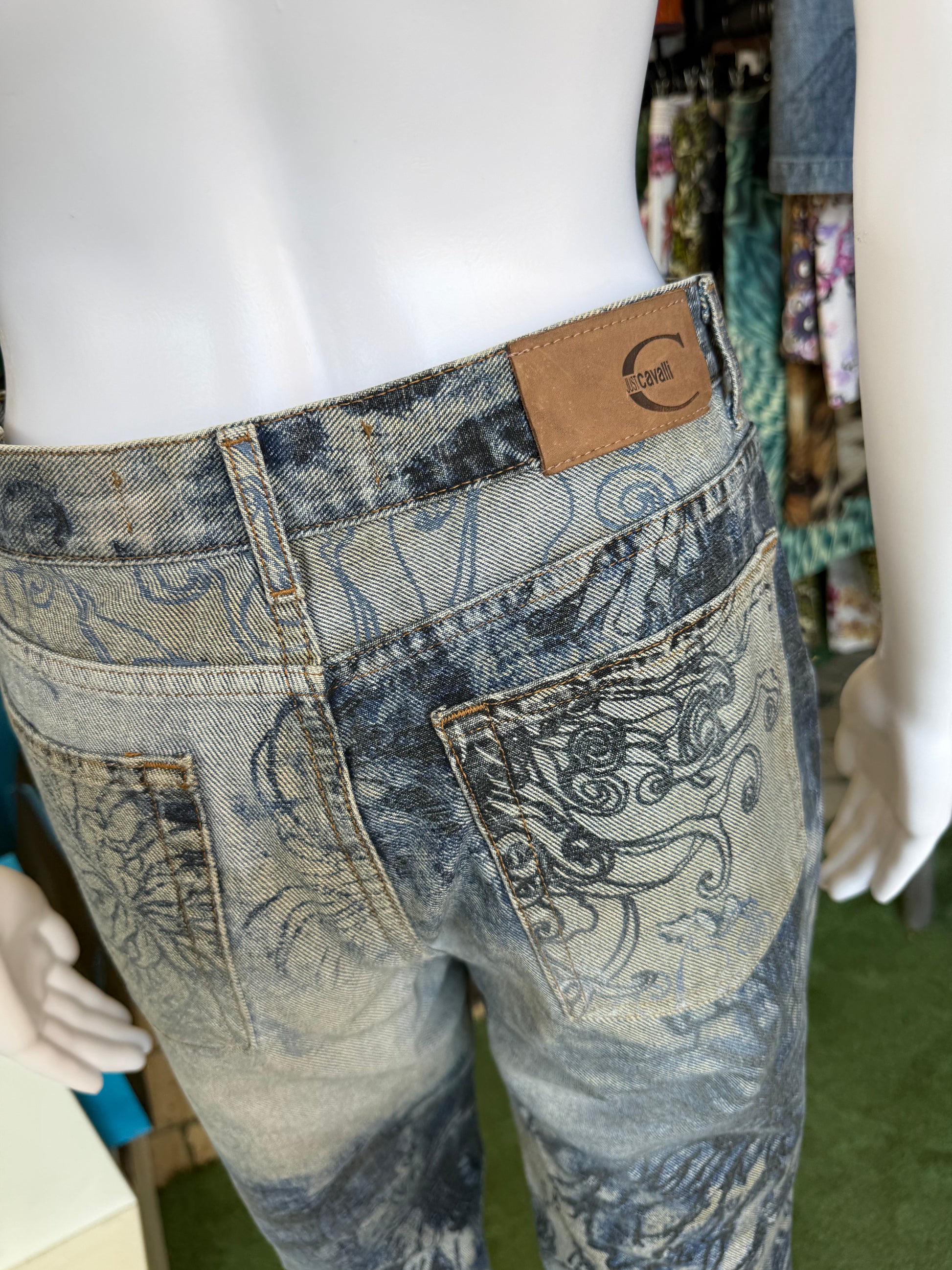 Jeans Roberto Cavalli  fiori blu sabbiati 00s