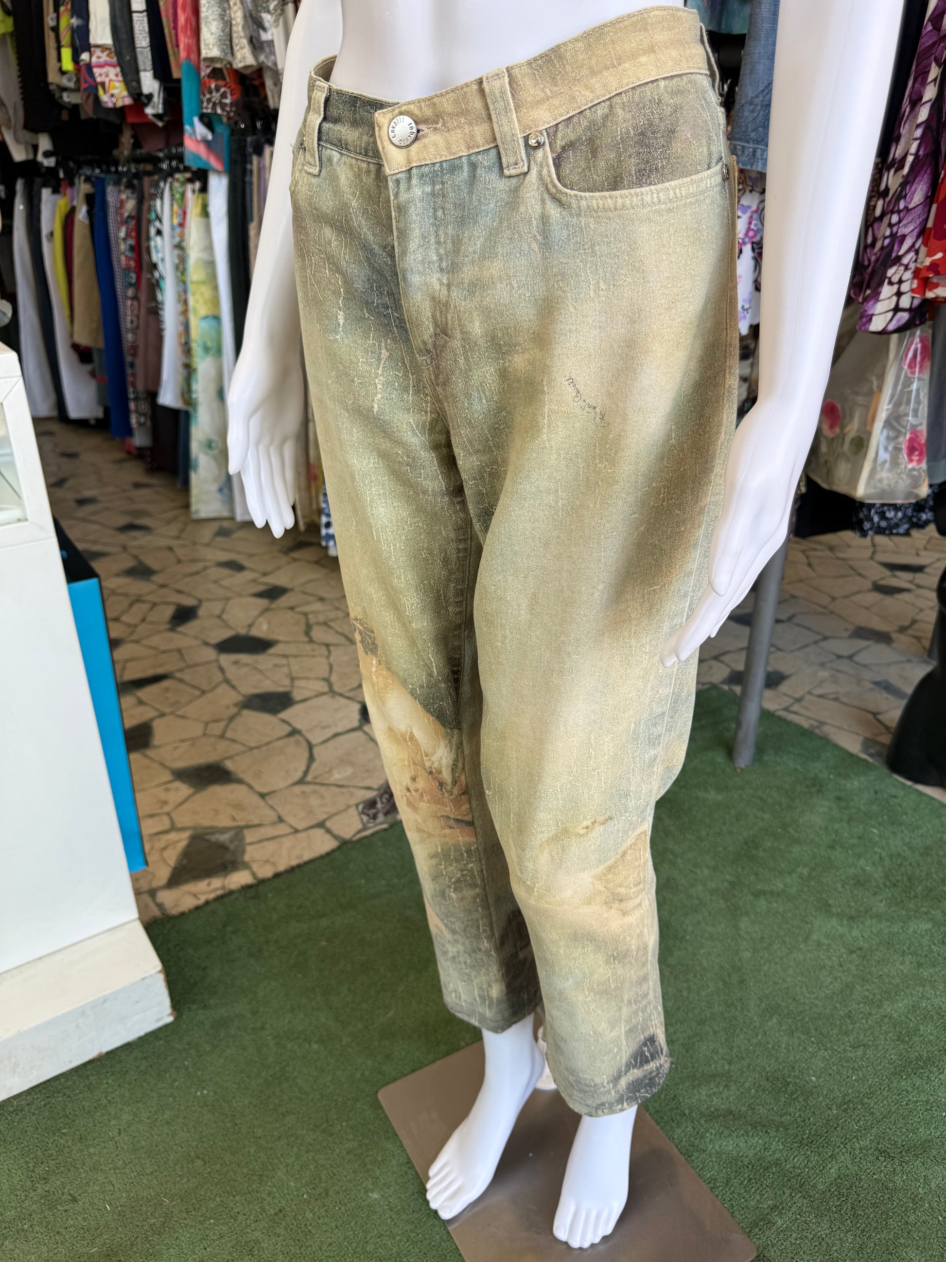 Jeans Roberto Cavalli rinascimentale quadro verde 90s