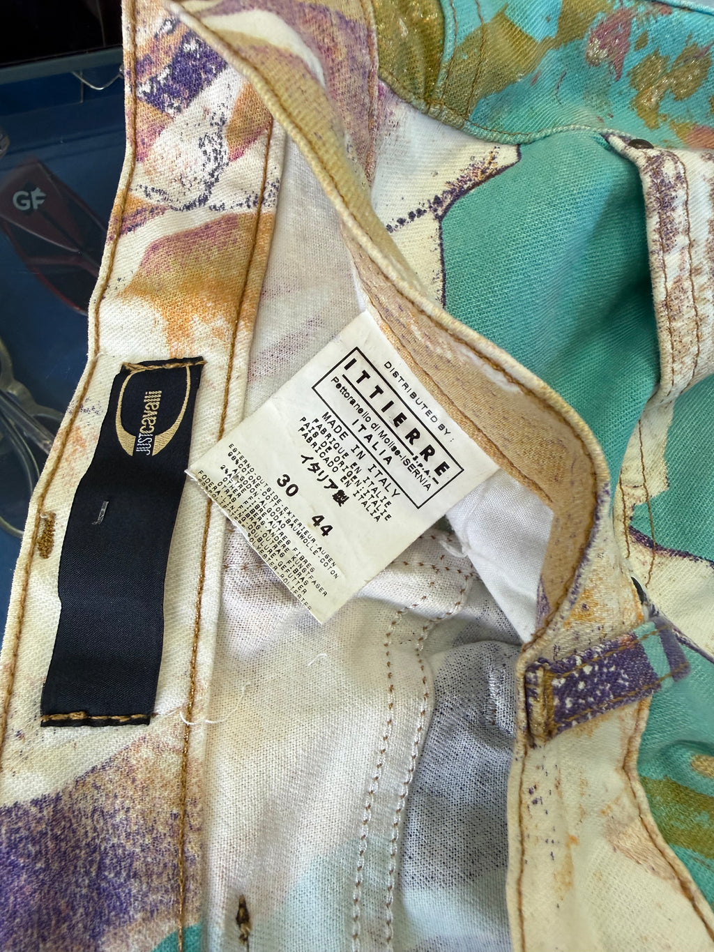 Jeans Roberto Cavalli rose e fiori su azzurro 00s