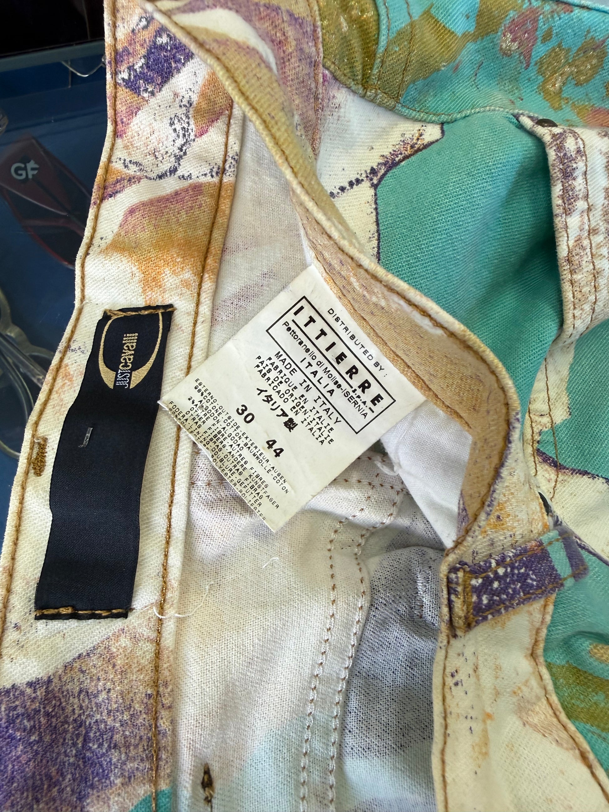 Jeans Roberto Cavalli rose e fiori su azzurro 00s