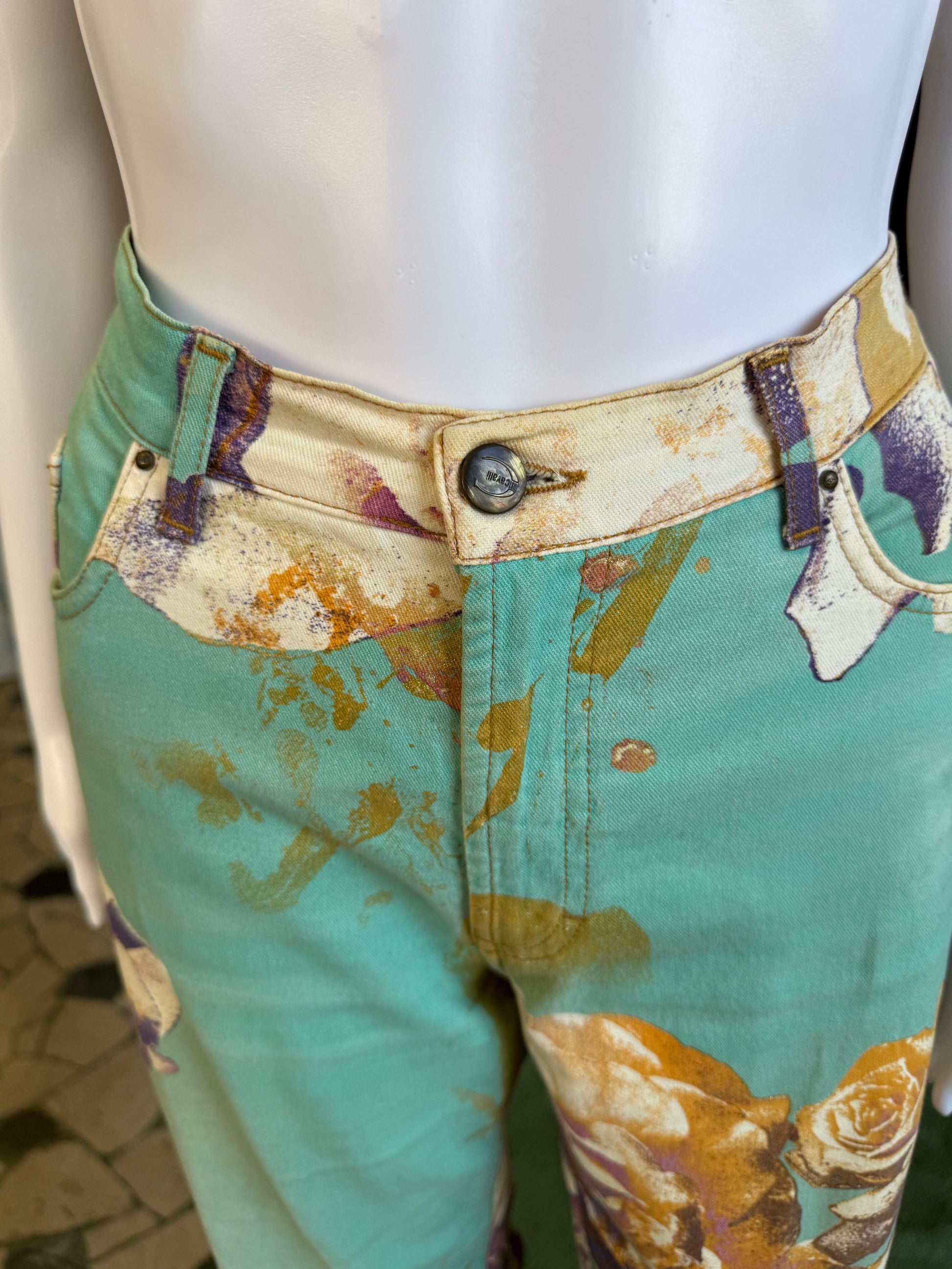 Jeans Roberto Cavalli rose e fiori su azzurro 00s