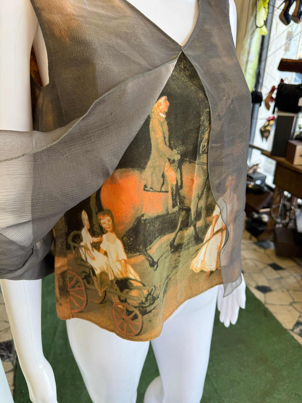Top Valentino Garavani Vzone quadro rinascimentale in 100% organza di seta primi anni 90
