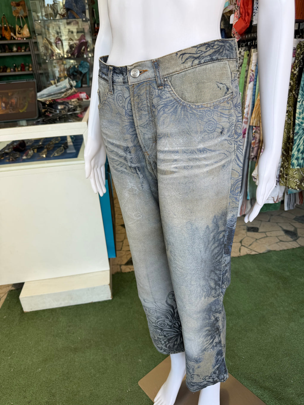 Jeans Roberto Cavalli  fiori blu sabbiati 00s