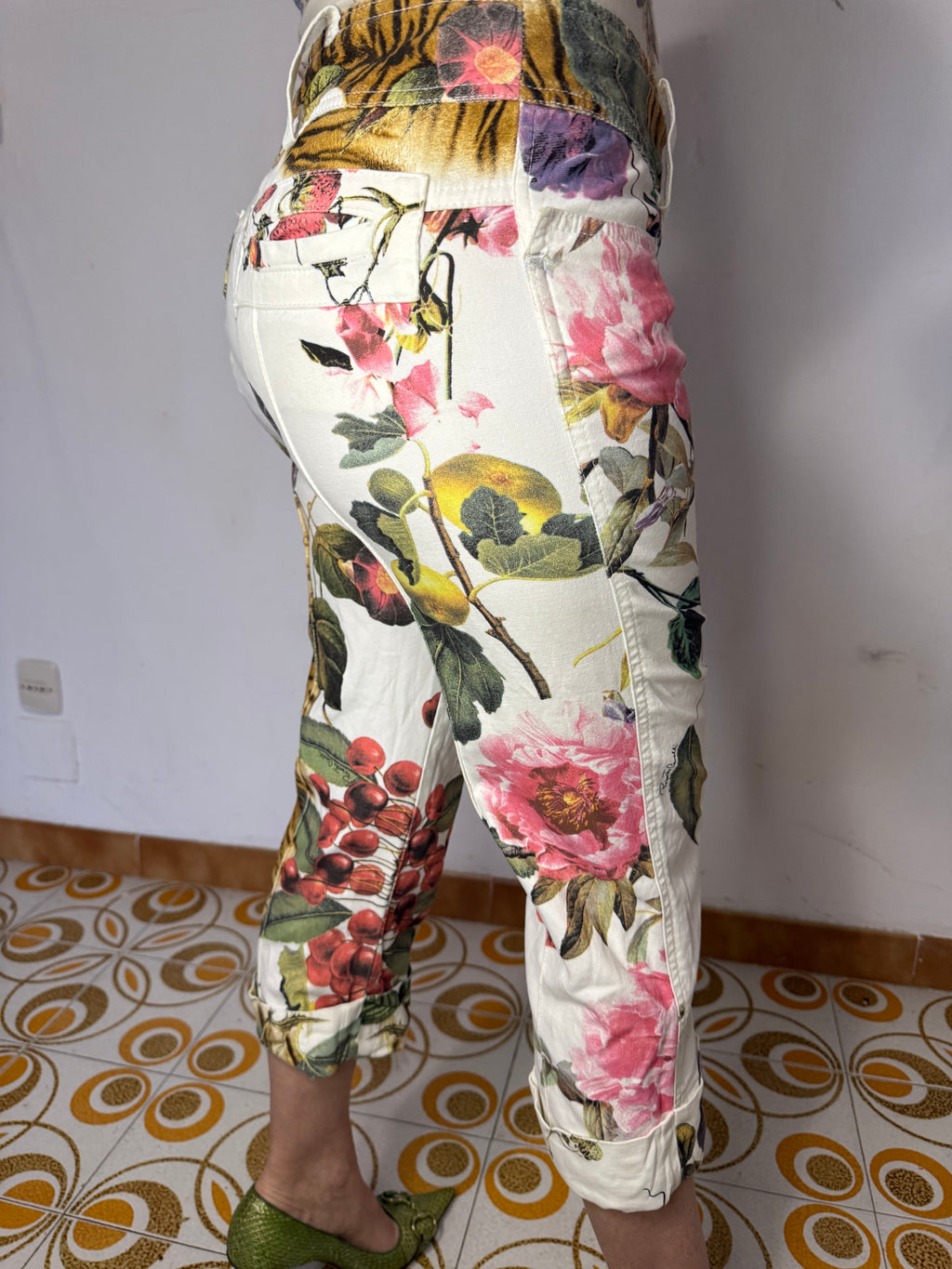 Jeans pinocchietto Roberto Cavalli SS2005 tigre e fiori