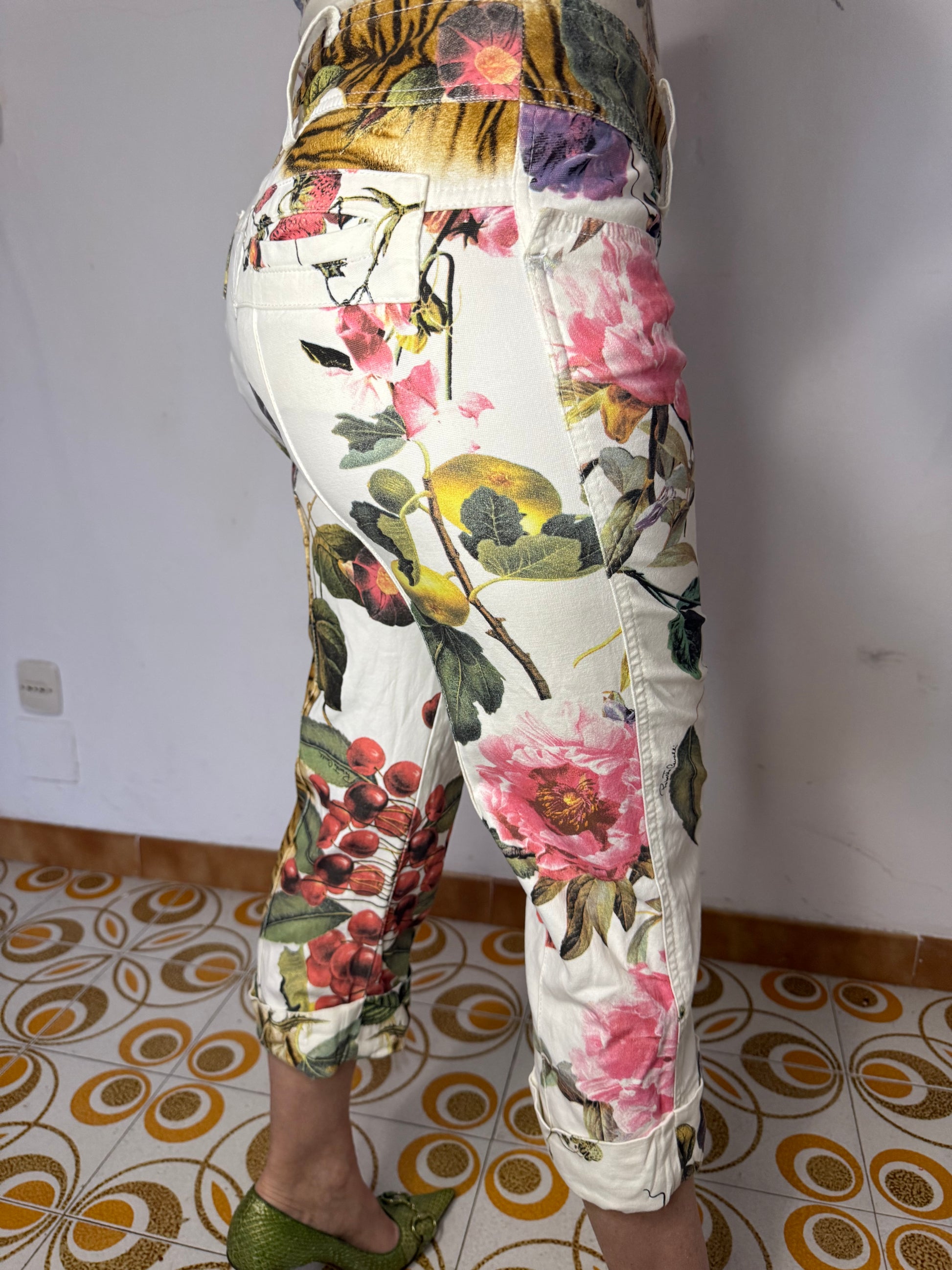 Jeans pinocchietto Roberto Cavalli SS2005 tigre e fiori