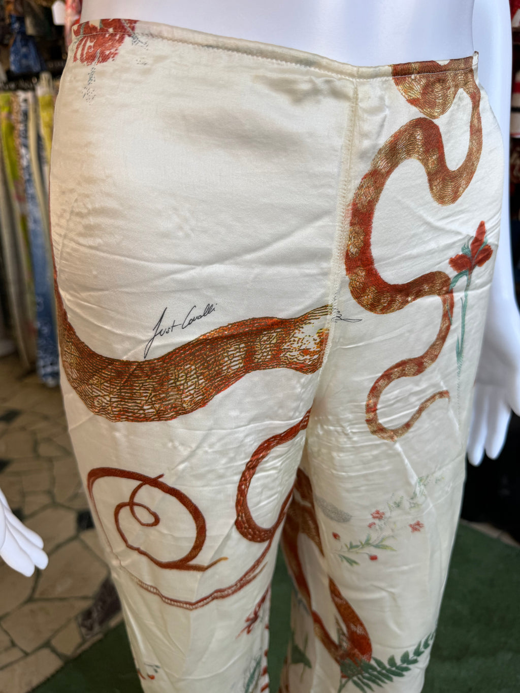 Pantalone Roberto Cavalli seta serpenti e foresta 00s