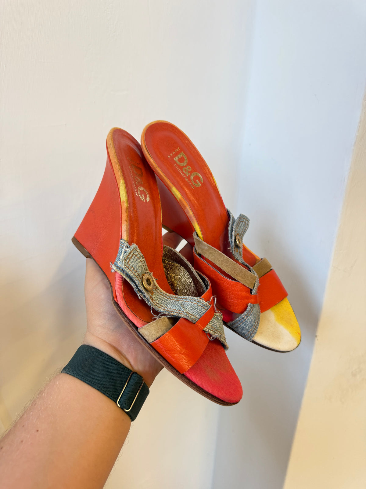Sandali zeppa Dolce & Gabbana jeans patchwork e pelle 00s