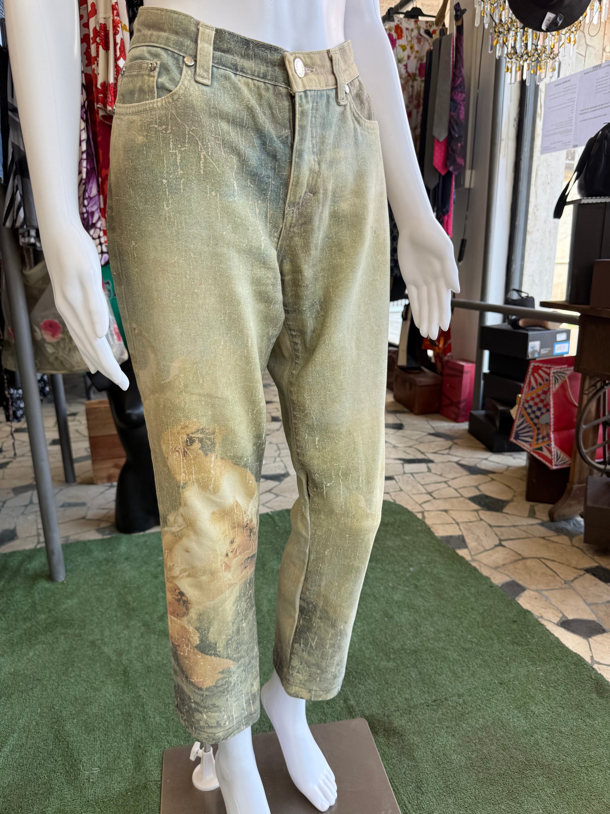 Jeans Roberto Cavalli rinascimentale quadro verde 90s