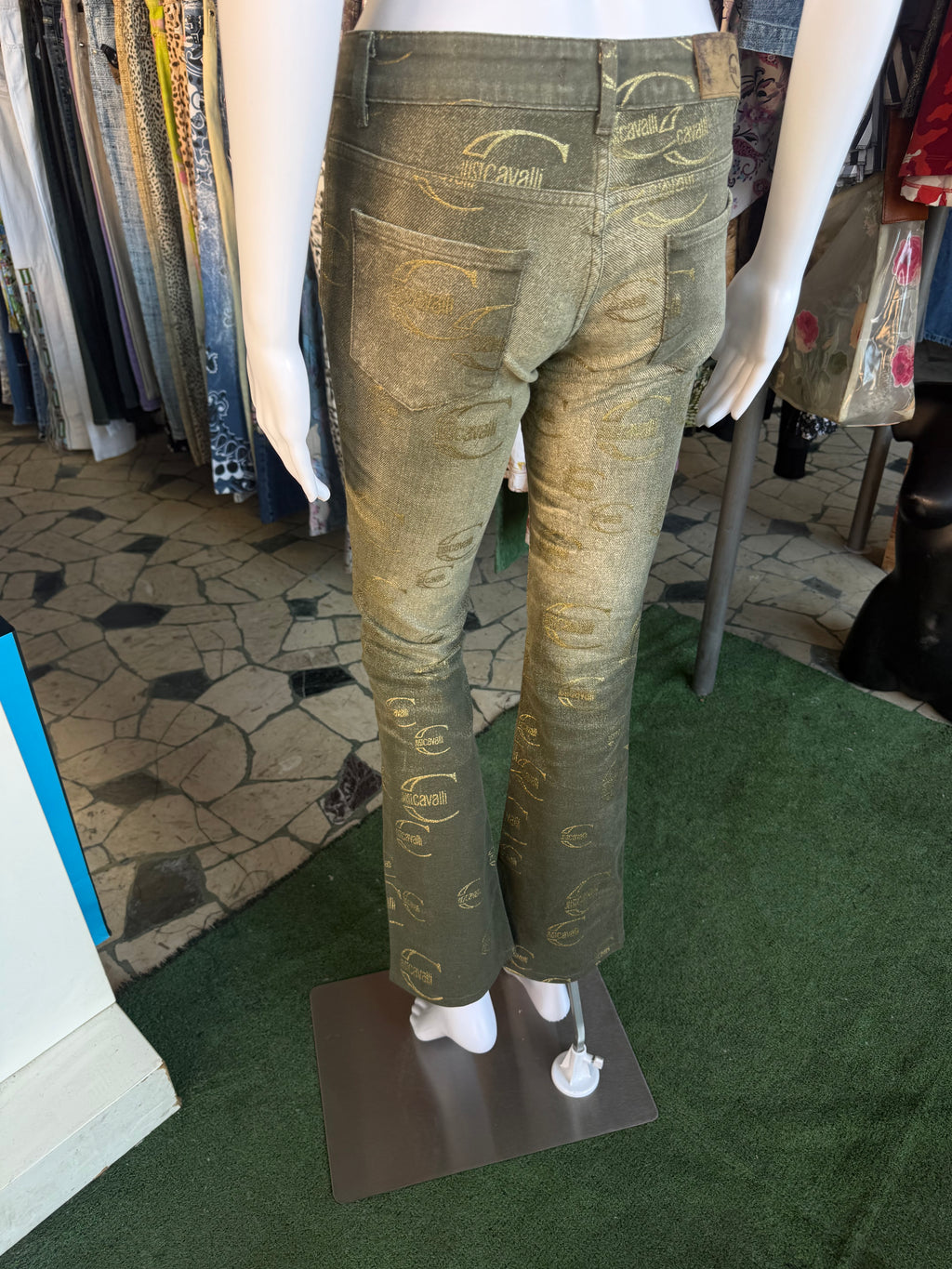Jeans Roberto Cavalli logo Just verde oro 00s
