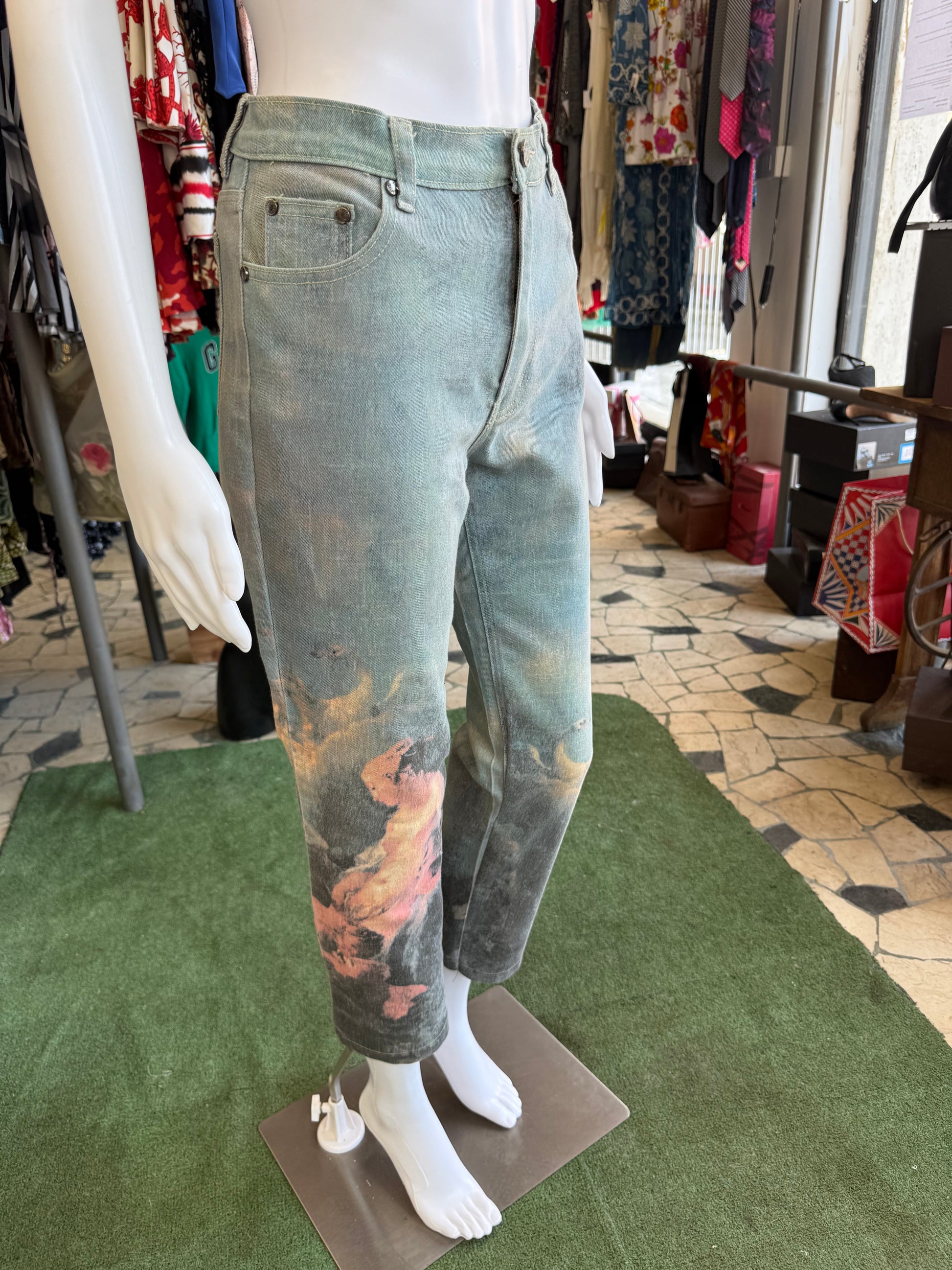 Jeans Roberto Cavalli rinascimentale quadro azzurro 90s