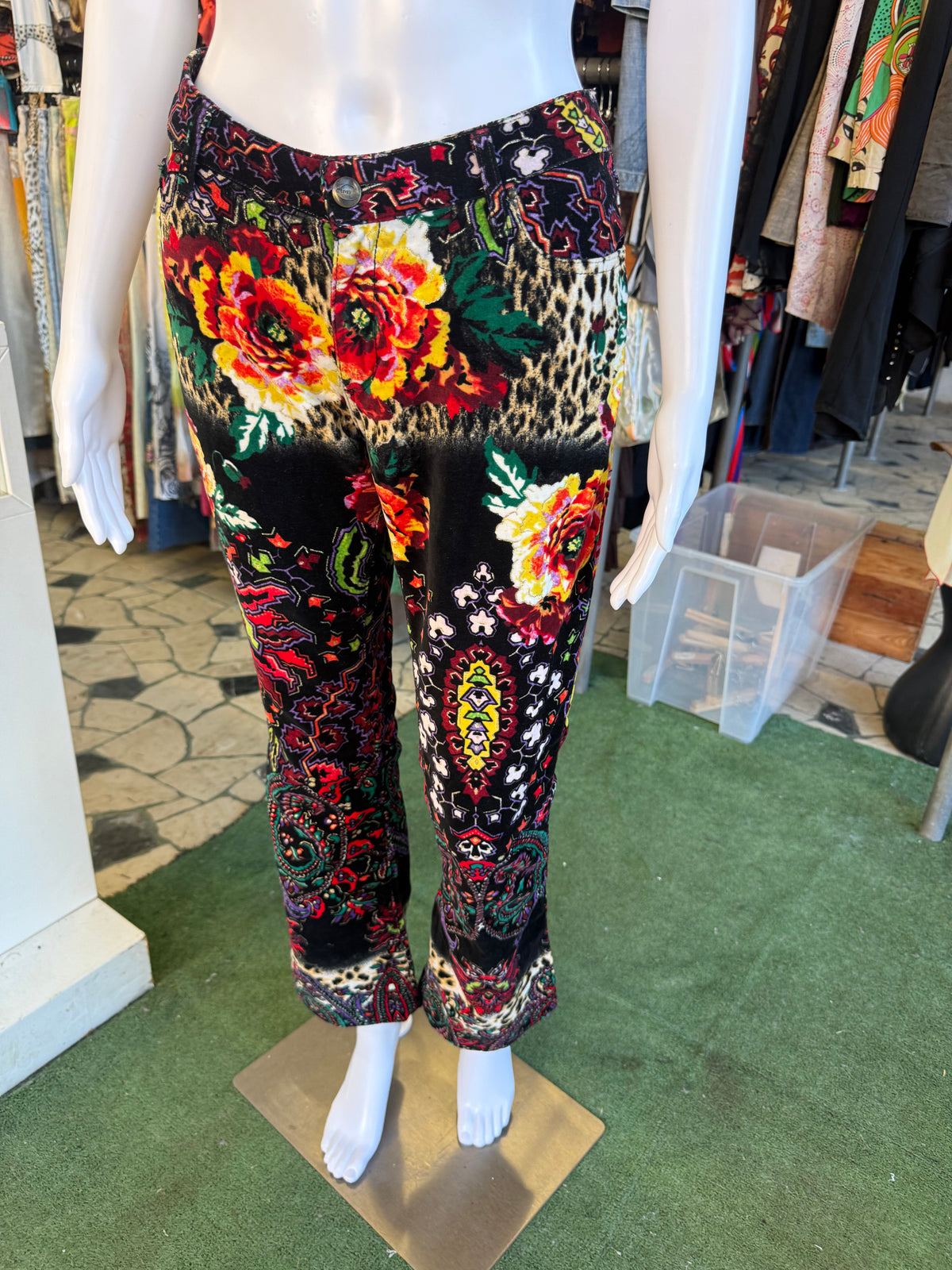Pantalone velluto Roberto Cavalli fiori, animalier e astratto 00s