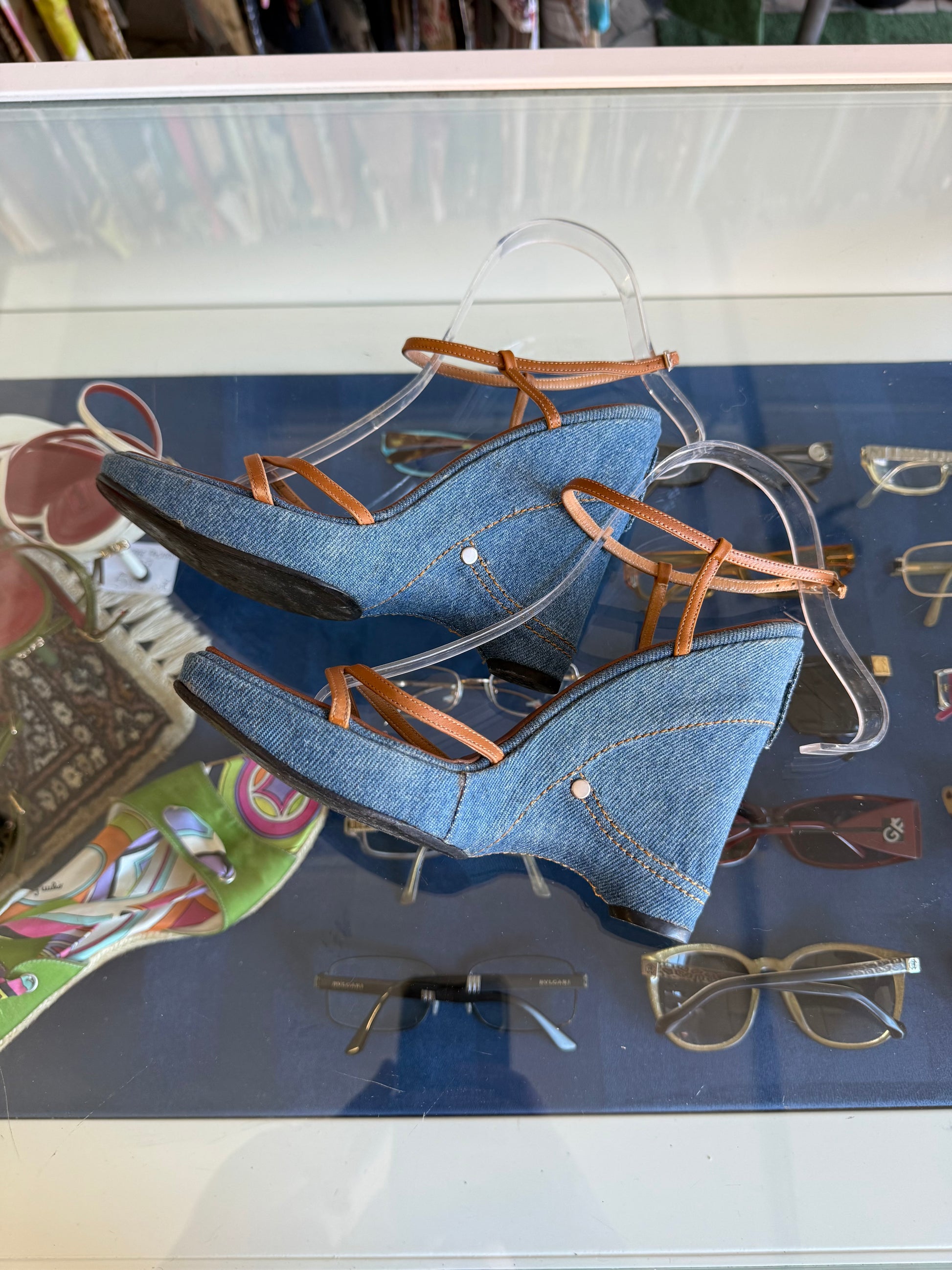 Sandali Casadei zeppa denim e pelle 00s