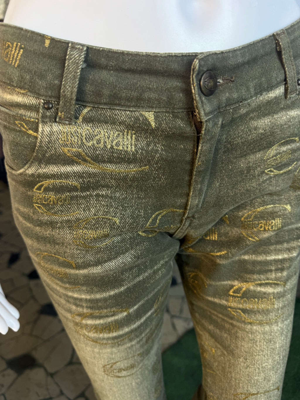 Jeans Roberto Cavalli logo Just verde oro 00s