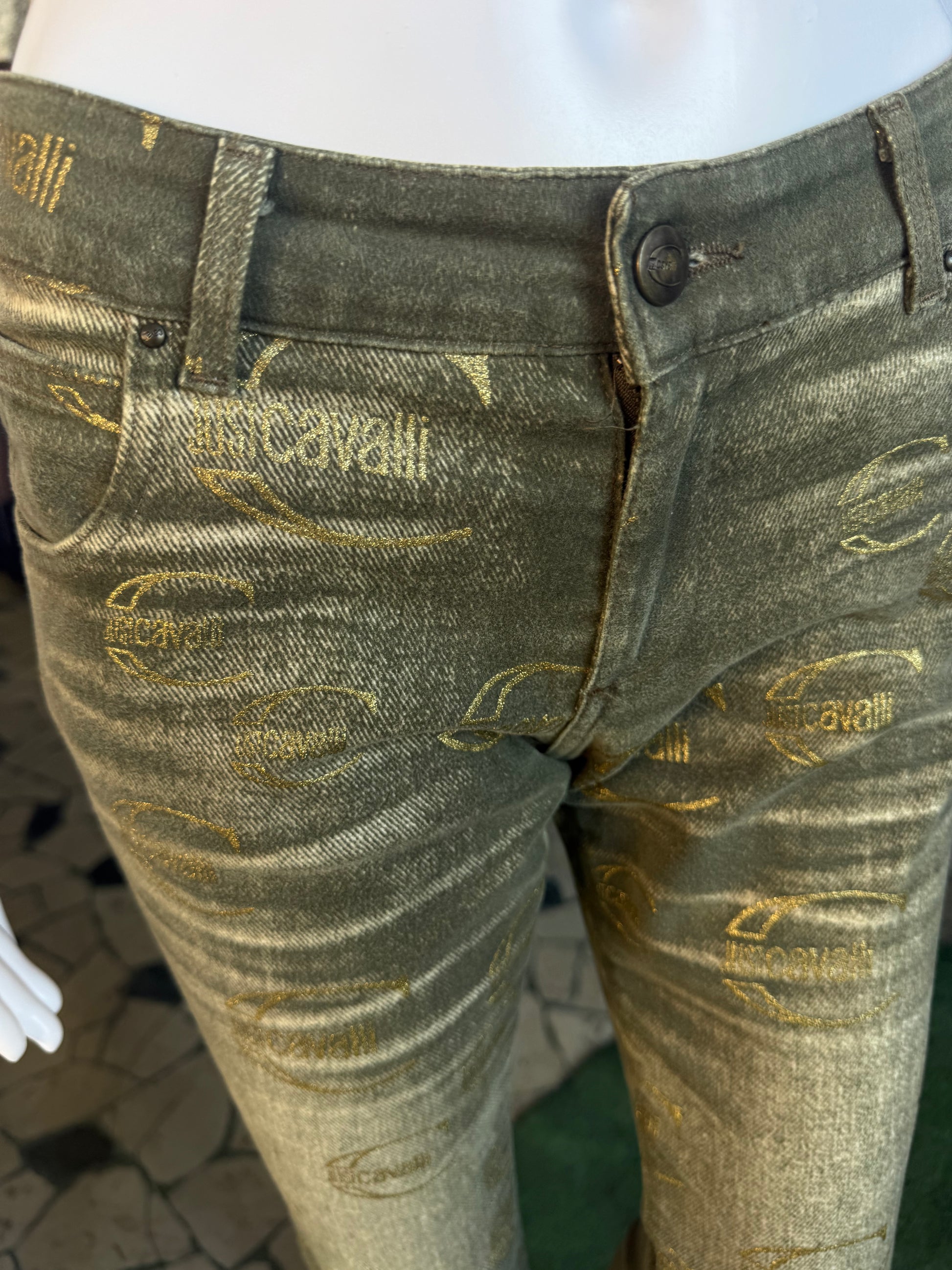 Jeans Roberto Cavalli logo Just verde oro 00s