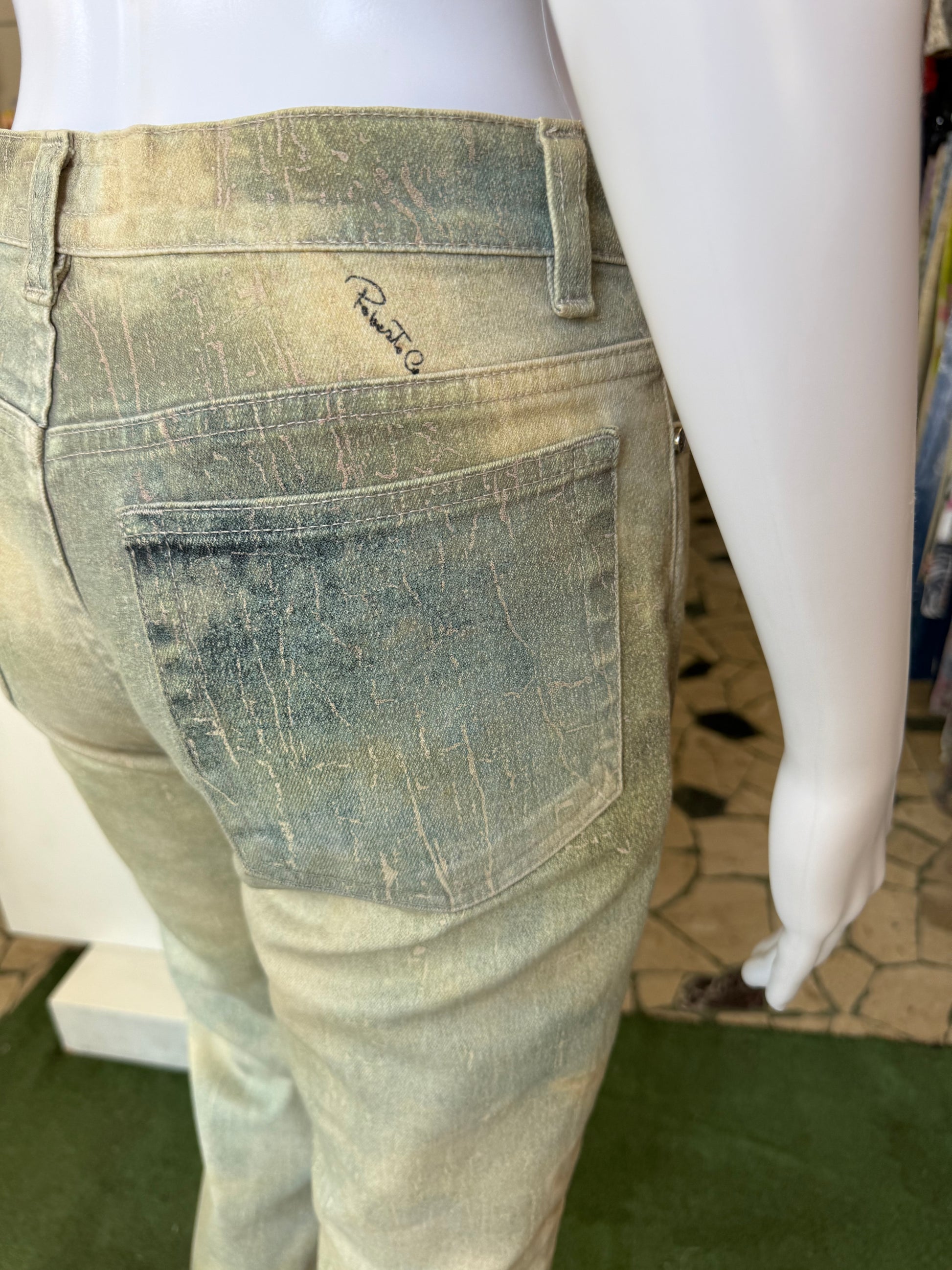 Jeans Roberto Cavalli rinascimentale quadro verde 90s