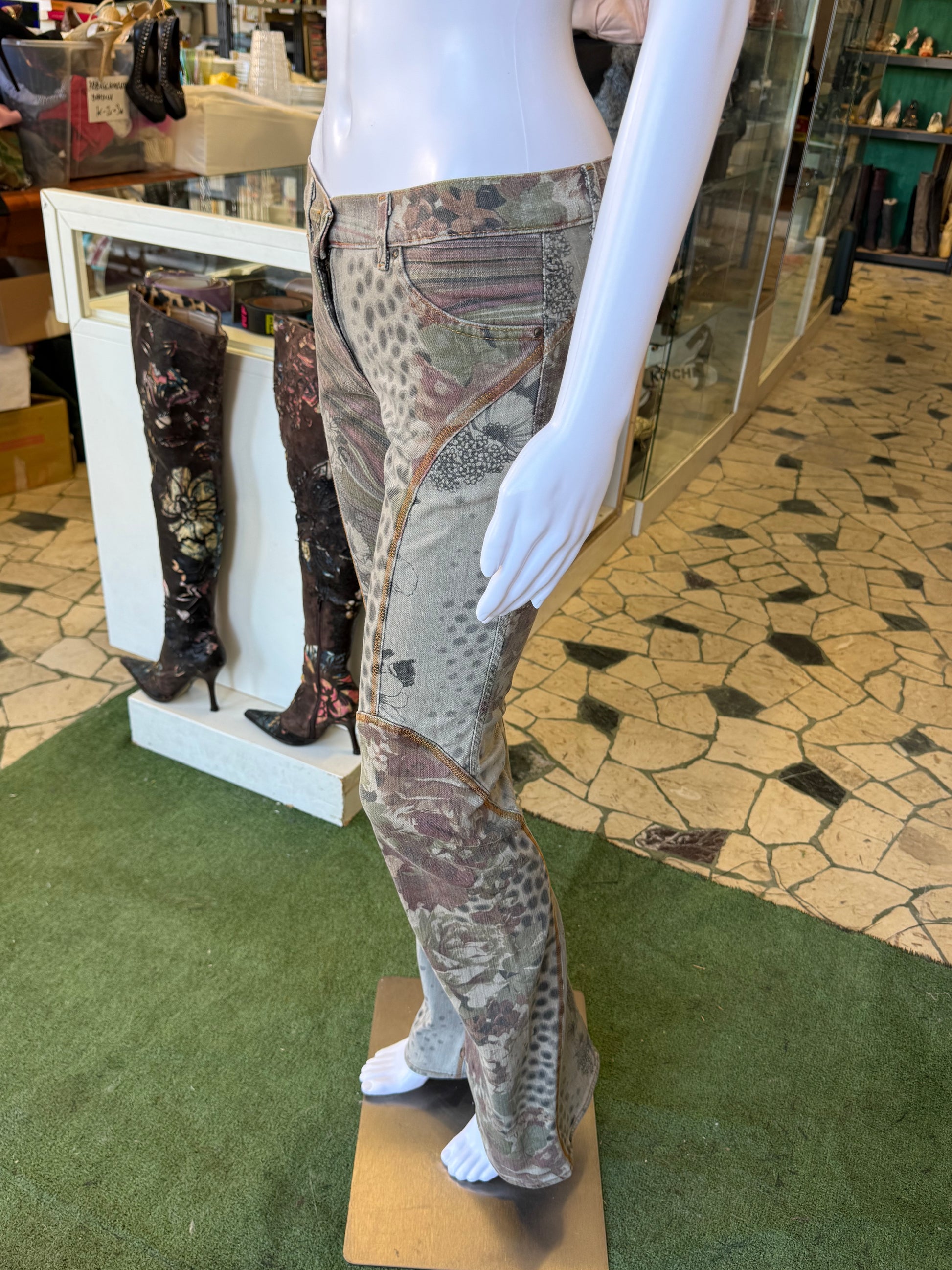 Jeans Roberto Cavalli fiori e leopardo zampa 2000s
