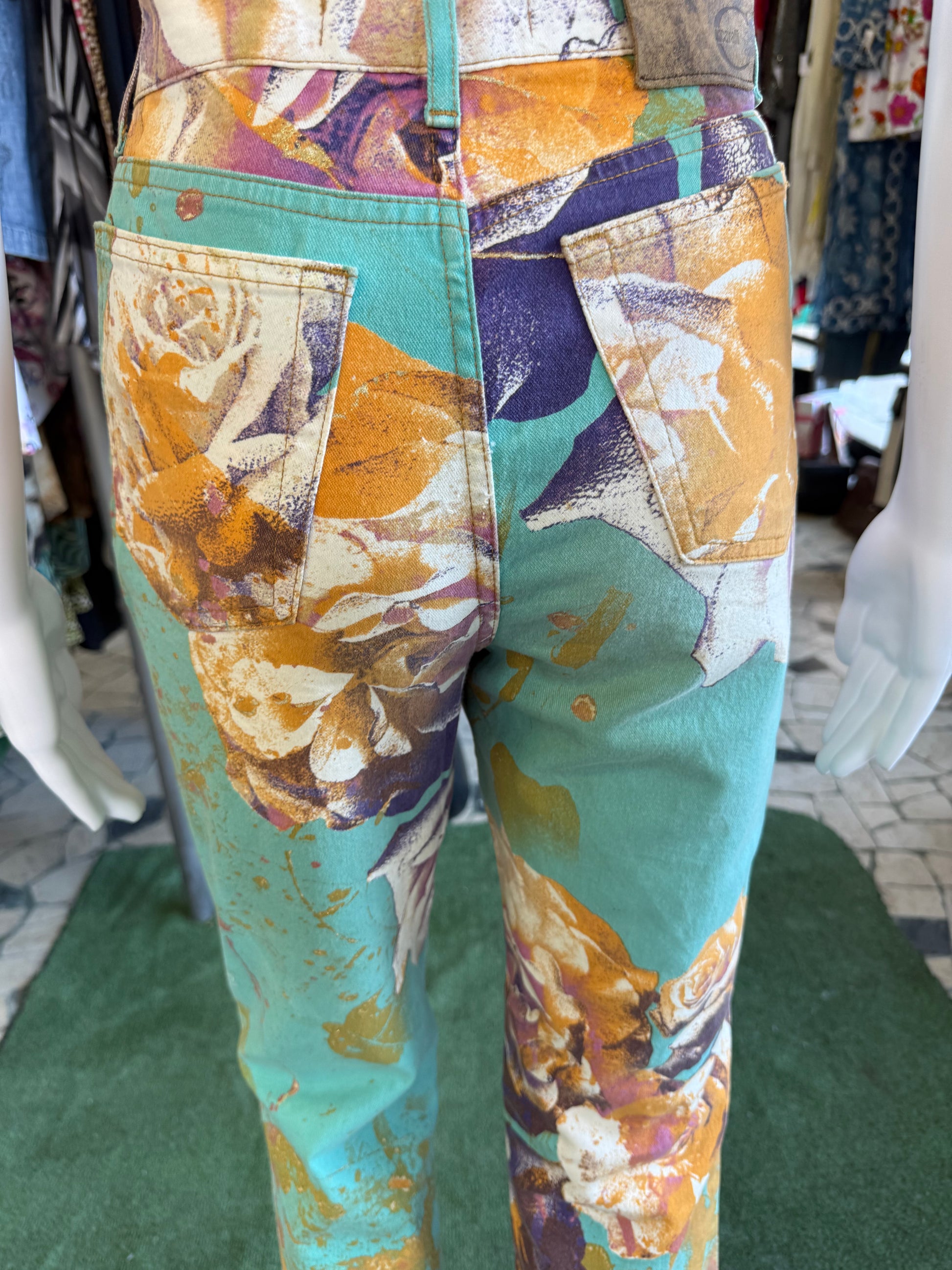 Jeans Roberto Cavalli rose e fiori su azzurro 00s
