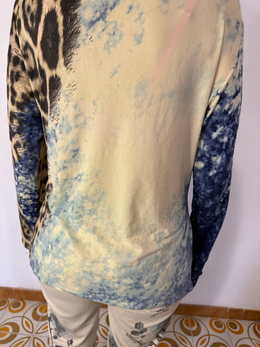 Top manica lunga leopardo e oceano Roberto Cavalli FW2001