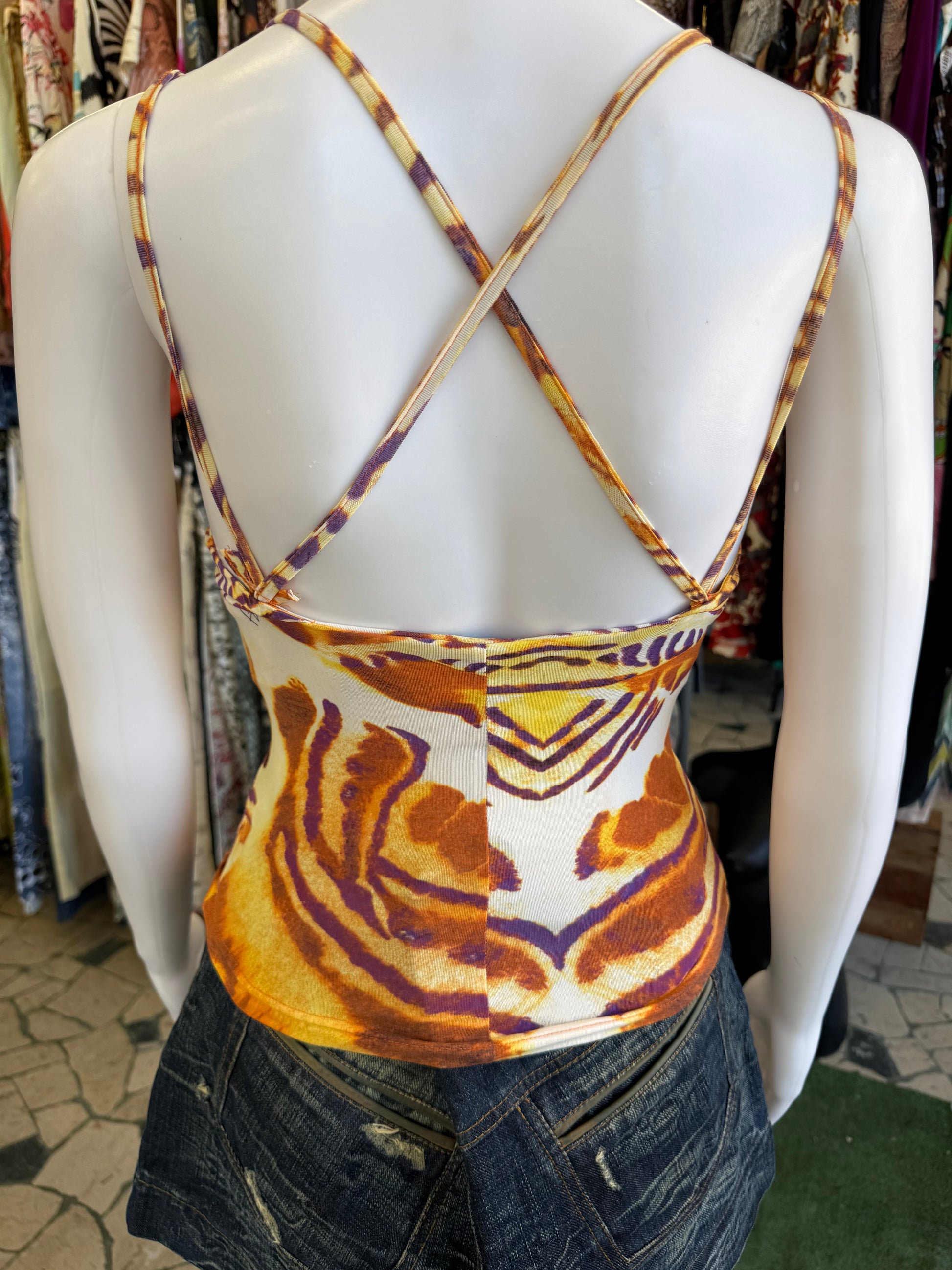 Top Roberto Cavalli tigre arancione con dettaglio corna 00s