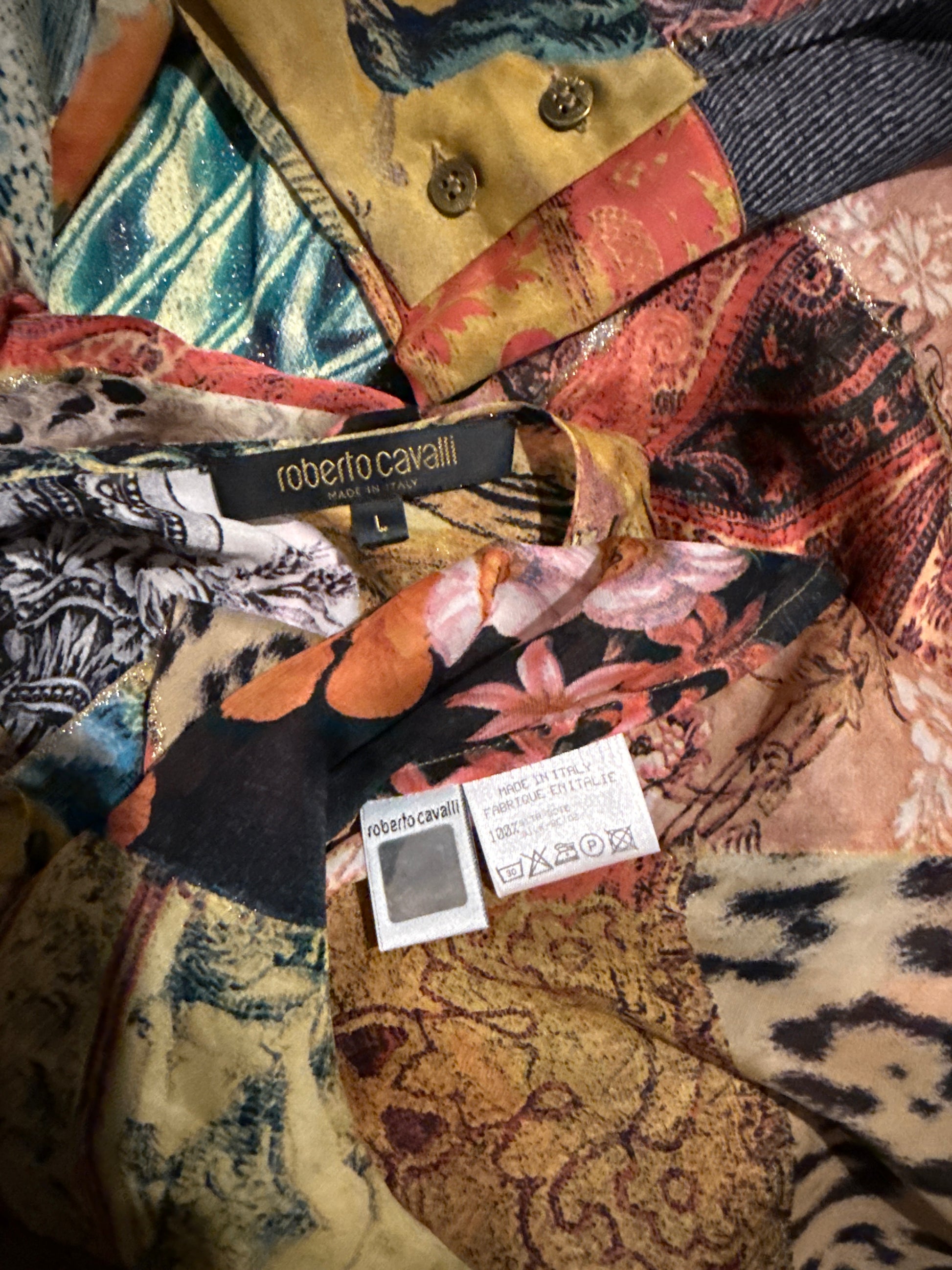 Camicia Roberto Cavalli SS2002 patchwork seta nuova