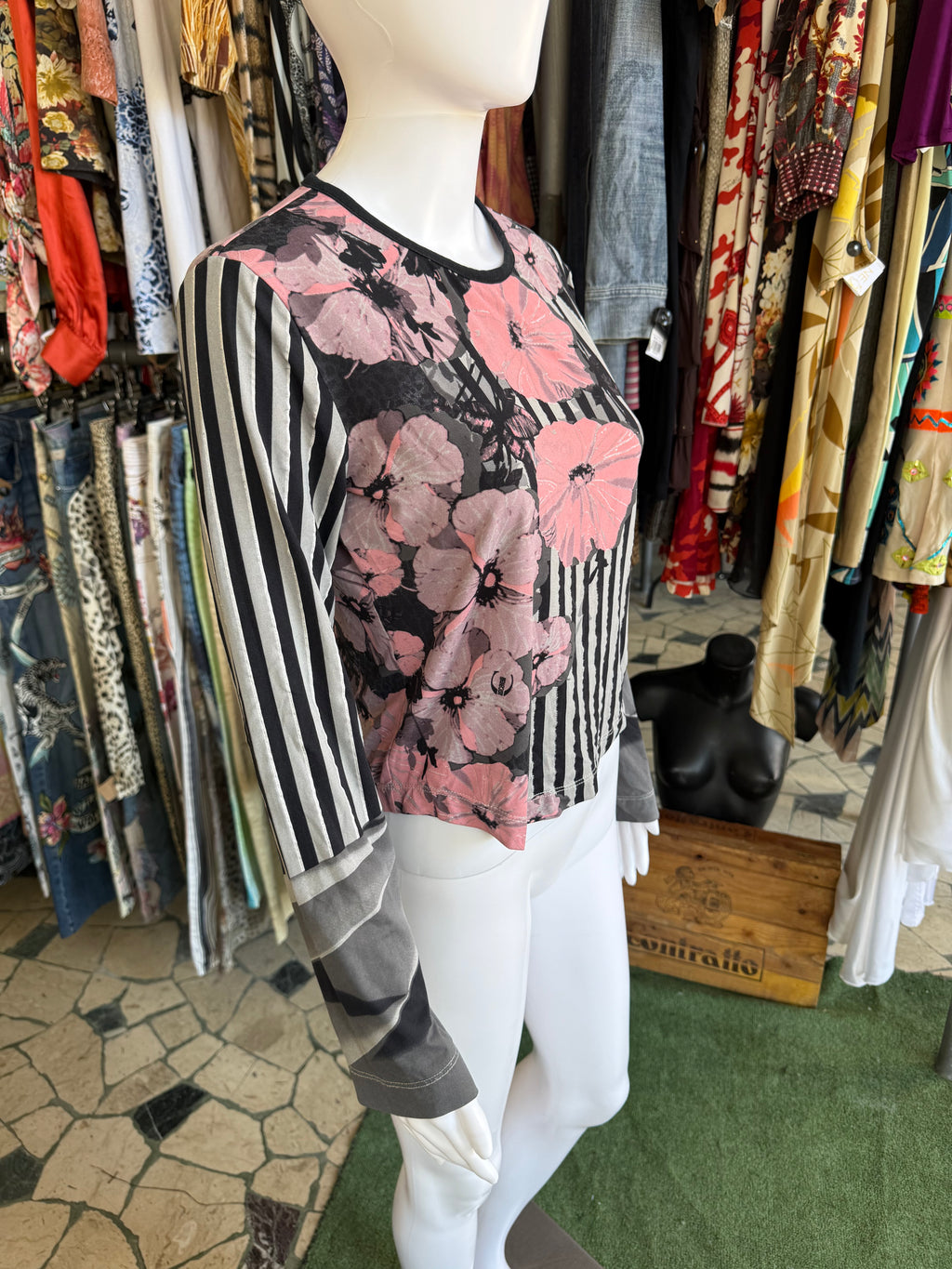 Top manica lunga Roberto Cavalli fiori e righe 2000s