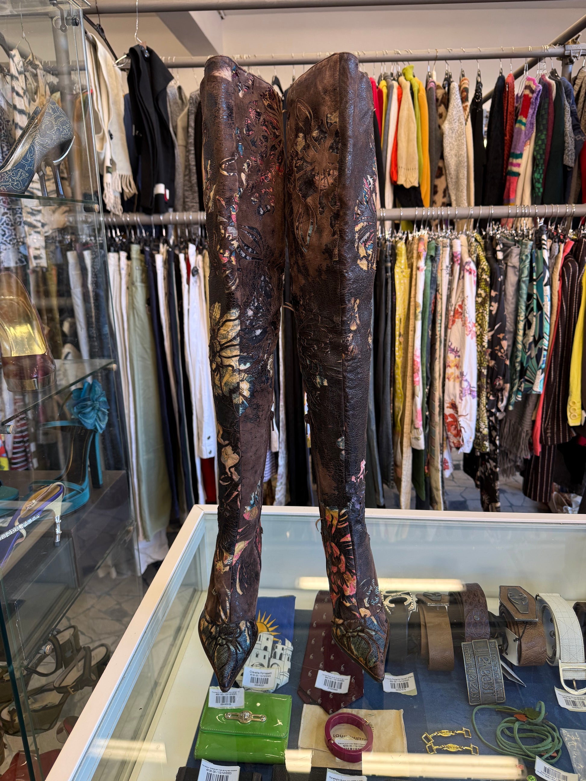 Iconici stivali Roberto Cavalli SS2002 pelle laserata e seta patchwork nuovi