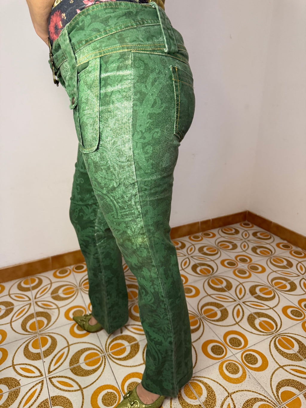 Jeans verde stampa barocco Roberto Cavalli Just 2000”